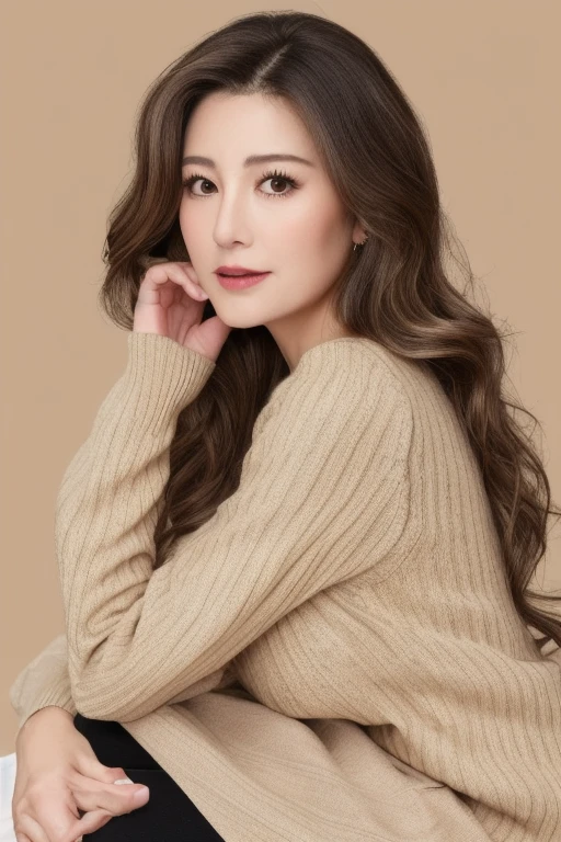 Ultra-high resolution, masterpiece, highest quality, Realistic skin of a 40 year old, Wavy hairstyle with some highlights、Natural lighting, Japanese middle-aged women、, Beige sweater, Pleated skirt、Black Stockings、View your viewers, No sleeve, Big Breasts, Exposed cleavage, black eye, Browsing Caution, ((Evening Background)), Sexy Face, The expression when receiving pleasure, Open the mouse,