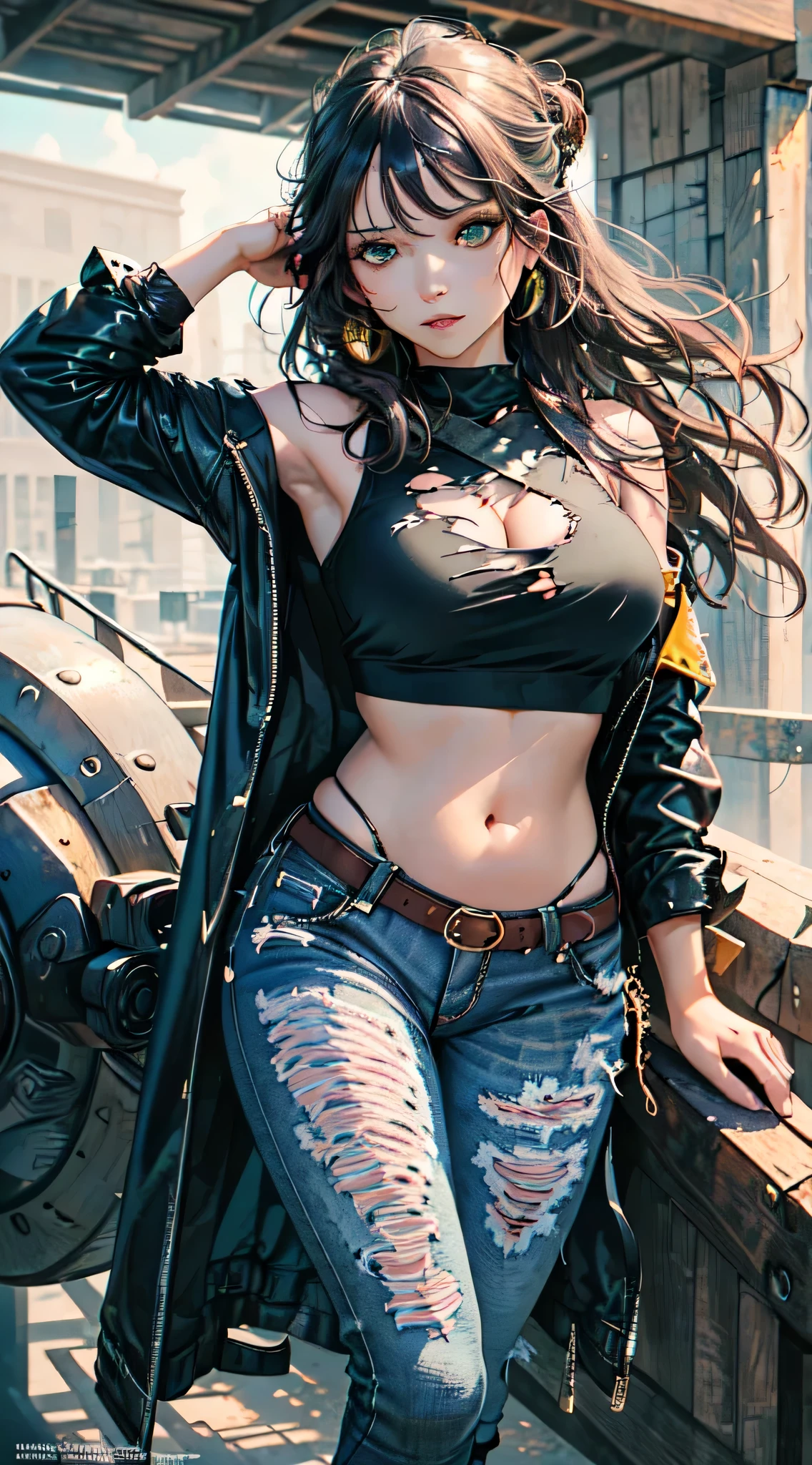 (Masterpiece, Best Quality, Details Shiny Skin: 1.2), Flawless, 8k, RAW, High Resolution, (1 Girl: 1.3), Realistic Textures, Torn Jeans, Green Crop Top, Ultra, Perfect big Breasts, Bare Shoulders, Belly Button, Areola, black Hair, Long Hair, Straight Hair, green eyes, Wavy Updo, Olive Skin, High Quality Face