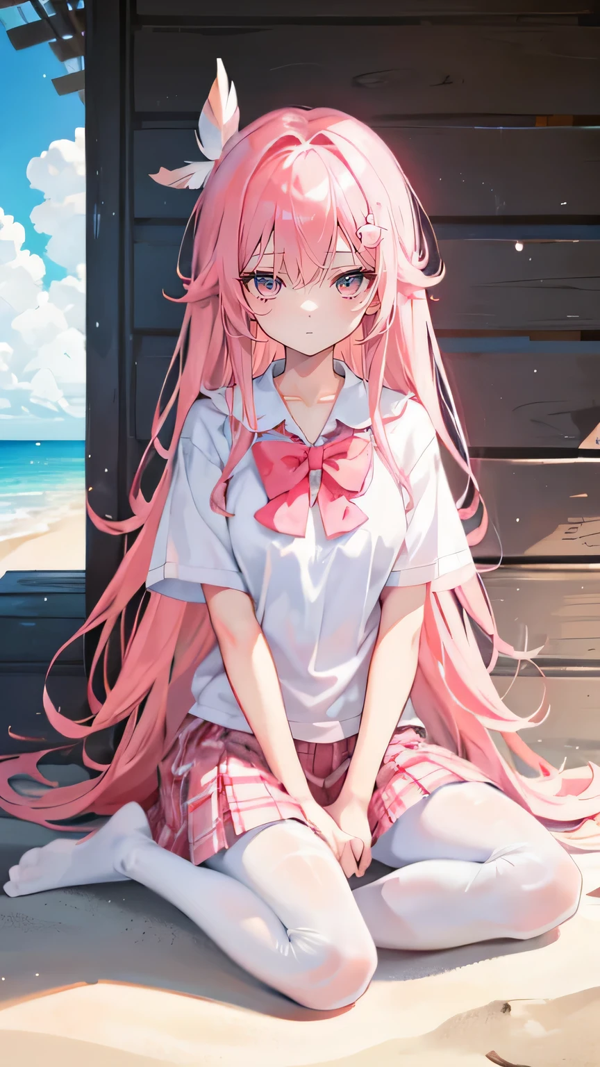 Coral pink hair,Long hair,hair over one eye,Gray eyes,feather hair ornament,cute,Girl,Plaid skirt,No shoes on your feet,White silk pantyhose,White silk pantyhose,whole body,sit on the floor,Don't show your arms,The background is the beach,Blue sky and white clouds