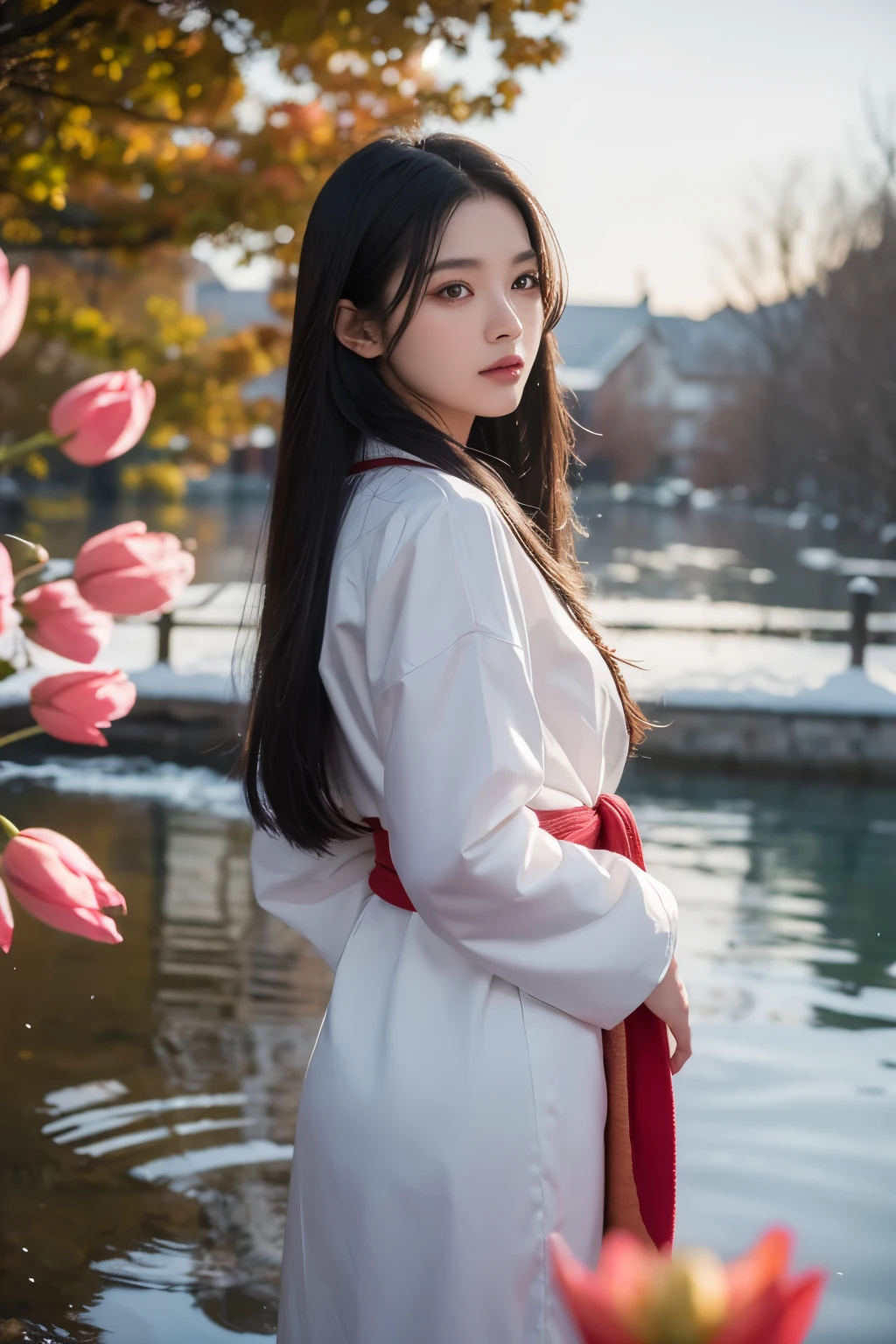  48ก（Masterpiece，KHD，Hyper HD，48ก）black hairยาวสลวย，pond，Siding,teenage girl 18（Pleasing the girls）， （red scarf in the snow）， stand up， looking at camera， long white hair， floating hair， Chinese long sleeve silver battle robe， （Abstract water splash：1.2）， pink petals background，flying tulips（realistically：1.4），black hair，Autumn leaves sway，The background is pure.， High resolution， details， RAW photos， Sharp Re， Nikon D850 film stock photo by Jefferies Lee 4 Kodak Portra 400 F1 camera.6 shots, Various colors, Ultra realistically bright surface, incredible light, Unreal Engine Art Station Trends, Sinestir 800，black hairยาวสลวย，clear battle coat clothing