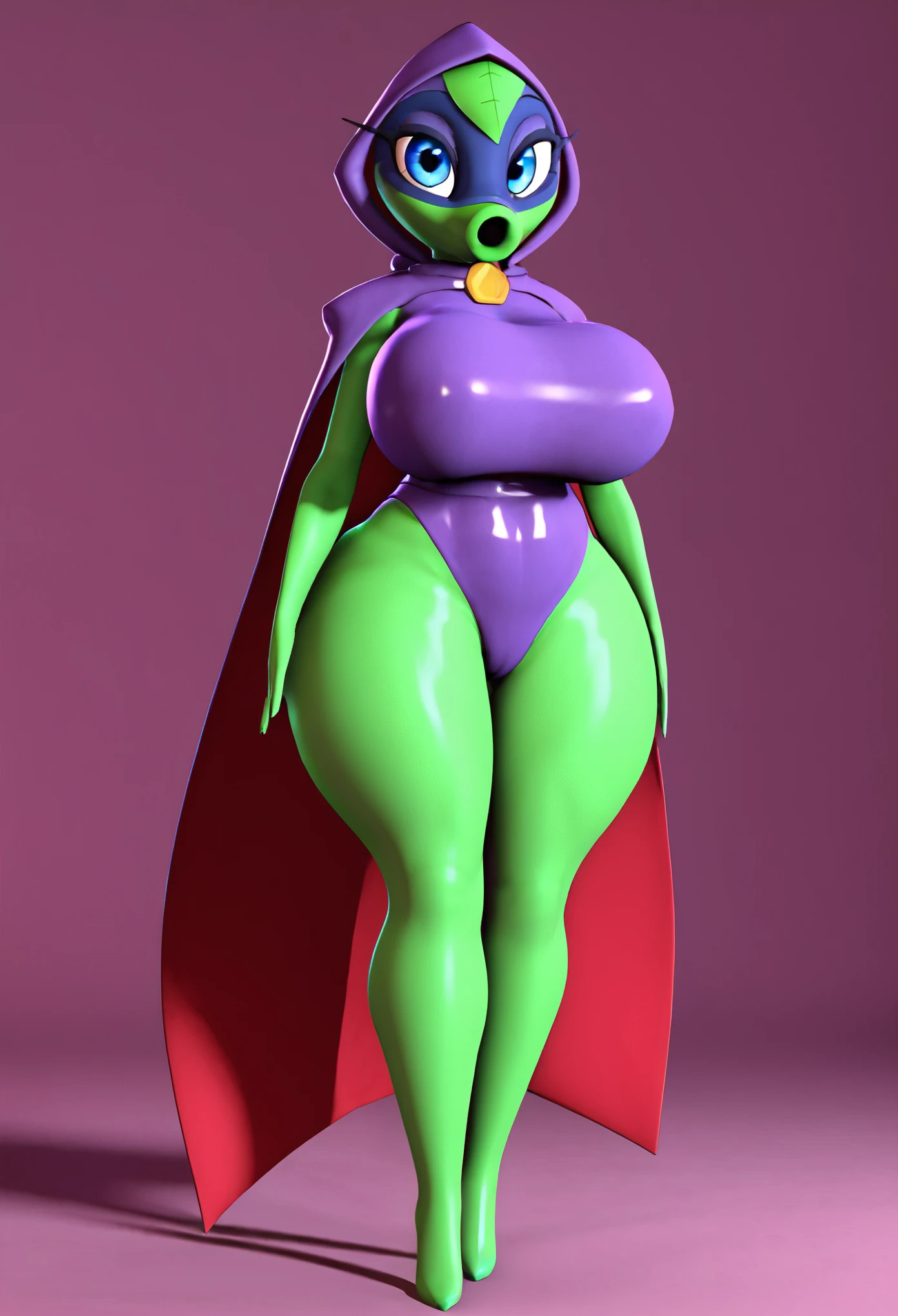 (8k, RAW photos, top quality, masterpiece: 1.2), (High Quality), ray tracing, HDR, (High Details), (Face detail), (Shadow Detail), 1girl, solo, anthro, Green shadow, 3d, 3d render, green body, blue eyes, thick thighs, purple leotard, cape, hood,