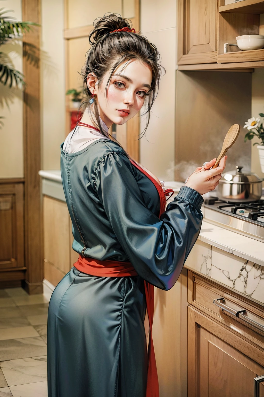 (Extremely meticulous CG),(((8k))),wallpaper,((Extremely refined and beautiful)),(((Masterpiece))),(((best qualtiy))),(((Ultra High Resolution))),beautiful light up,realistic shaded,(Smooth and flawless fair skin:1.5),(Extremely exquisite facial details:1.2),(ultra-detailed:1.5),((a beautiful girl,solo)),(short ponytail:1.2),(small head:1.2),(slender face:1.2),(Exquisite makeup:1.3),(happy:1.2),(laughing:1.2),(perfect body:1.1),(apron made of zongzi leaves:1.5),(bare back:1.3),(towering hips:1.3),((slim,thin)),(from back:1.3),(standing:1.3),(butt crack:1.3),(in the kitchen:1.3),(many sumptuous dishes on the table:1.3),(indoor:1.2),(detailed background:.5),(summer:1.3),(day scene:1.5),(Sunny:1.3),(upper body:1.3),