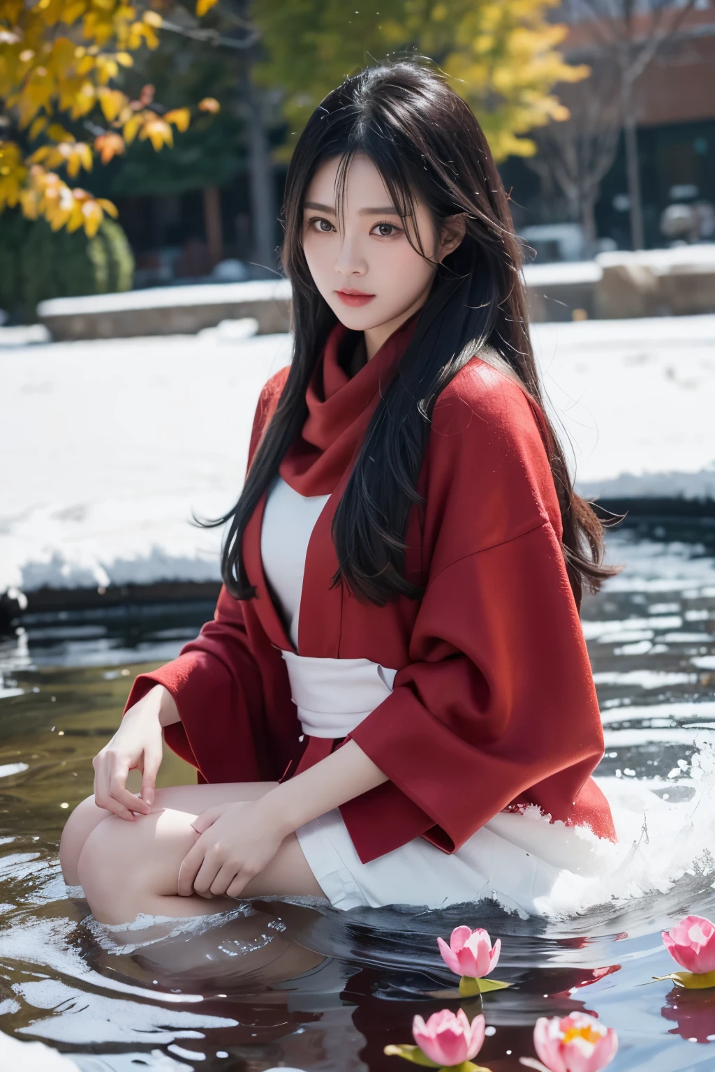  48ก（Masterpiece，KHD，Hyper HD，48ก）black hairยาวสลวย，pond，Siding,teenage girl 18（Pleasing the girls）， （red scarf in the snow）， stand up， looking at camera， long white hair， floating hair， Chinese long sleeve silver battle robe， （Abstract water splash：1.2）， pink petals background，flying tulips（realistically：1.4），black hair，Autumn leaves sway，The background is pure.， High resolution， details， RAW photos， Sharp Re， Nikon D850 film stock photo by Jefferies Lee 4 Kodak Portra 400 F1 camera.6 shots, Various colors, Ultra realistically bright surface, incredible light, Unreal Engine Art Station Trends, Sinestir 800，black hairยาวสลวย，clear battle coat clothing