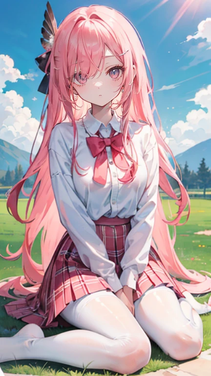 Coral pink hair，Long hair，hair over one eye，Gray eyes，feather hair ornament，cute，Girl，Plaid skirt，No shoes on your feet，White silk pantyhose，White silk pantyhose，whole body，sit on the floor，Don't show your arms，The background is a lawn，Blue sky and white clouds