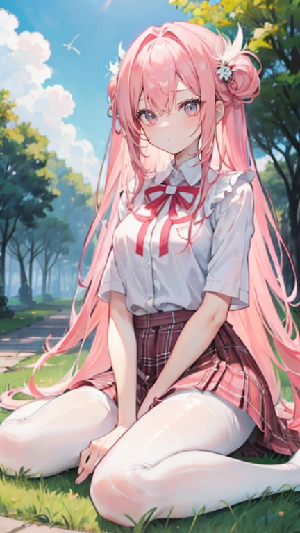 Coral pink hair,Long hair,hair over one eye,Gray eyes,feather hair ornament,cute,Girl,Plaid skirt,No shoes on your feet,White silk pantyhose,White silk pantyhose,whole body,sit on the floor,Don't show your arms,The background is a lawn,Blue sky and white clouds