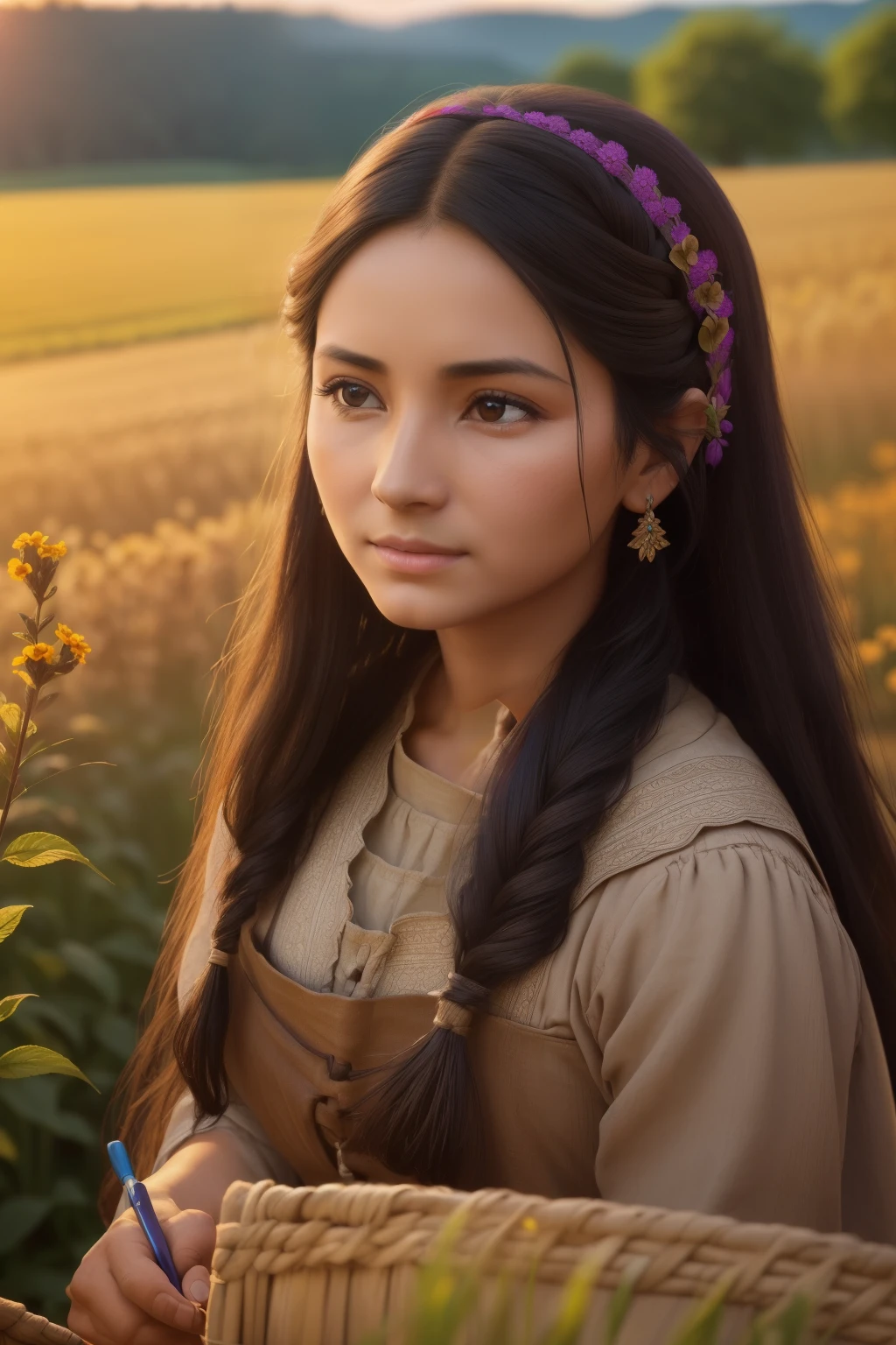 (((Beautiful peasant woman, deep-set brown eyes, long black tresses cascading down her shoulders, diligent in her work in the fertile field, 4k, Perfect Resolution, Dreamlikeart, Intricate, Soft face with wrinkles of wisdom etched into it, delicately detailed hair catching the wind, Masterpiece, ambient lighting casting gentle shadows, vivid colors bringing the scene to life)))), -- 16:9 aspect ratio.