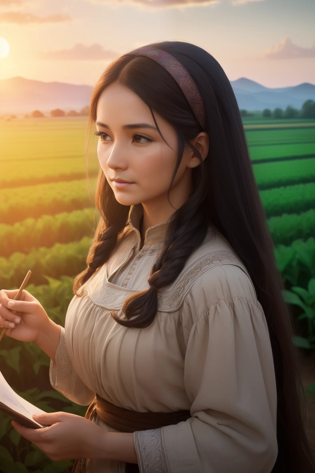 (((Beautiful peasant woman, deep-set brown eyes, long black tresses cascading down her shoulders, diligent in her work in the fertile field, 4k, Perfect Resolution, Dreamlikeart, Intricate, Soft face with wrinkles of wisdom etched into it, delicately detailed hair catching the wind, Masterpiece, ambient lighting casting gentle shadows, vivid colors bringing the scene to life)))), -- 16:9 aspect ratio.