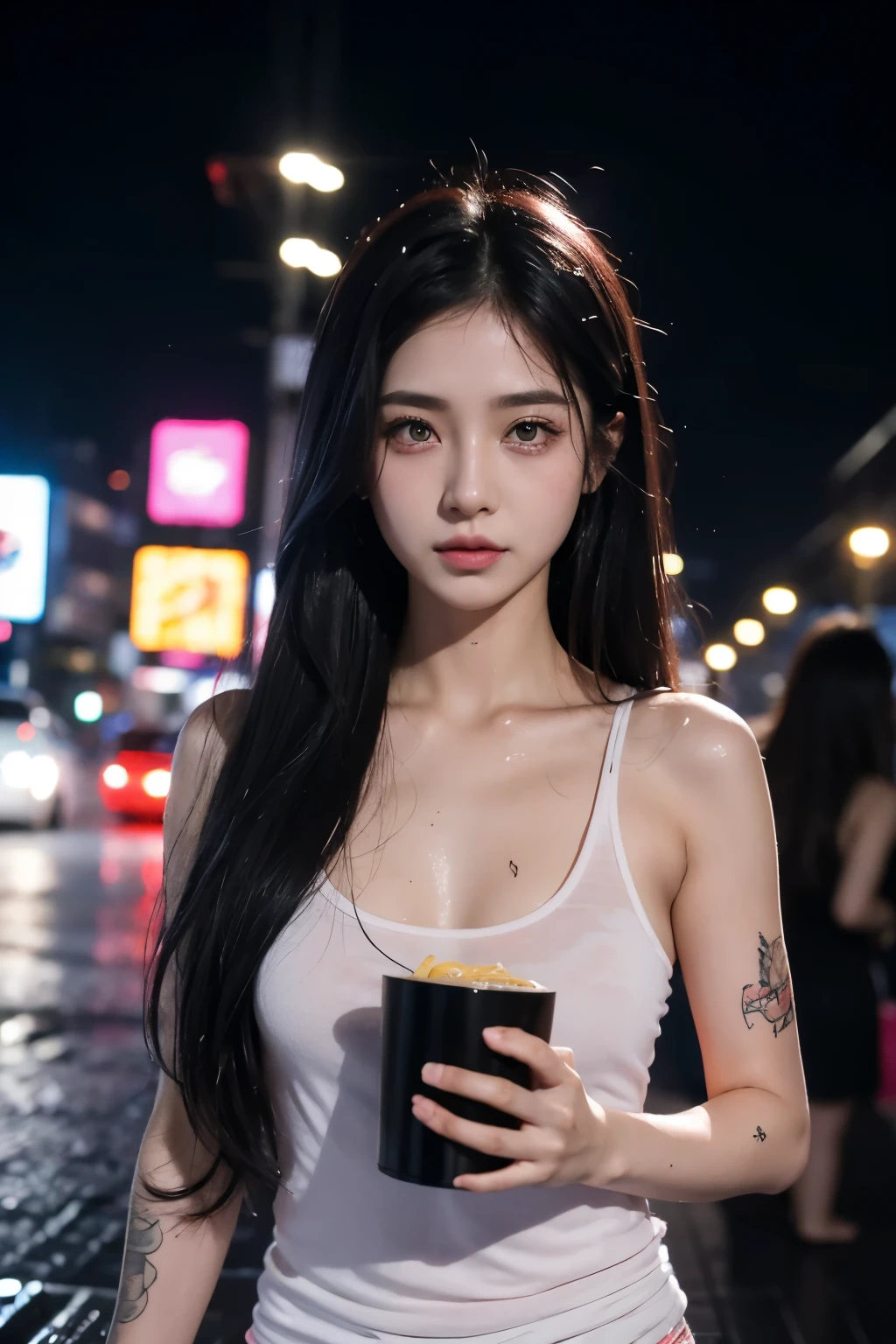  pink eyes, Also tattooed, long hair, black hair, tank top, girl ,night city, glowing eyes, no feelings, Songkran ,Miss Songkran ,wet,Eat noodles