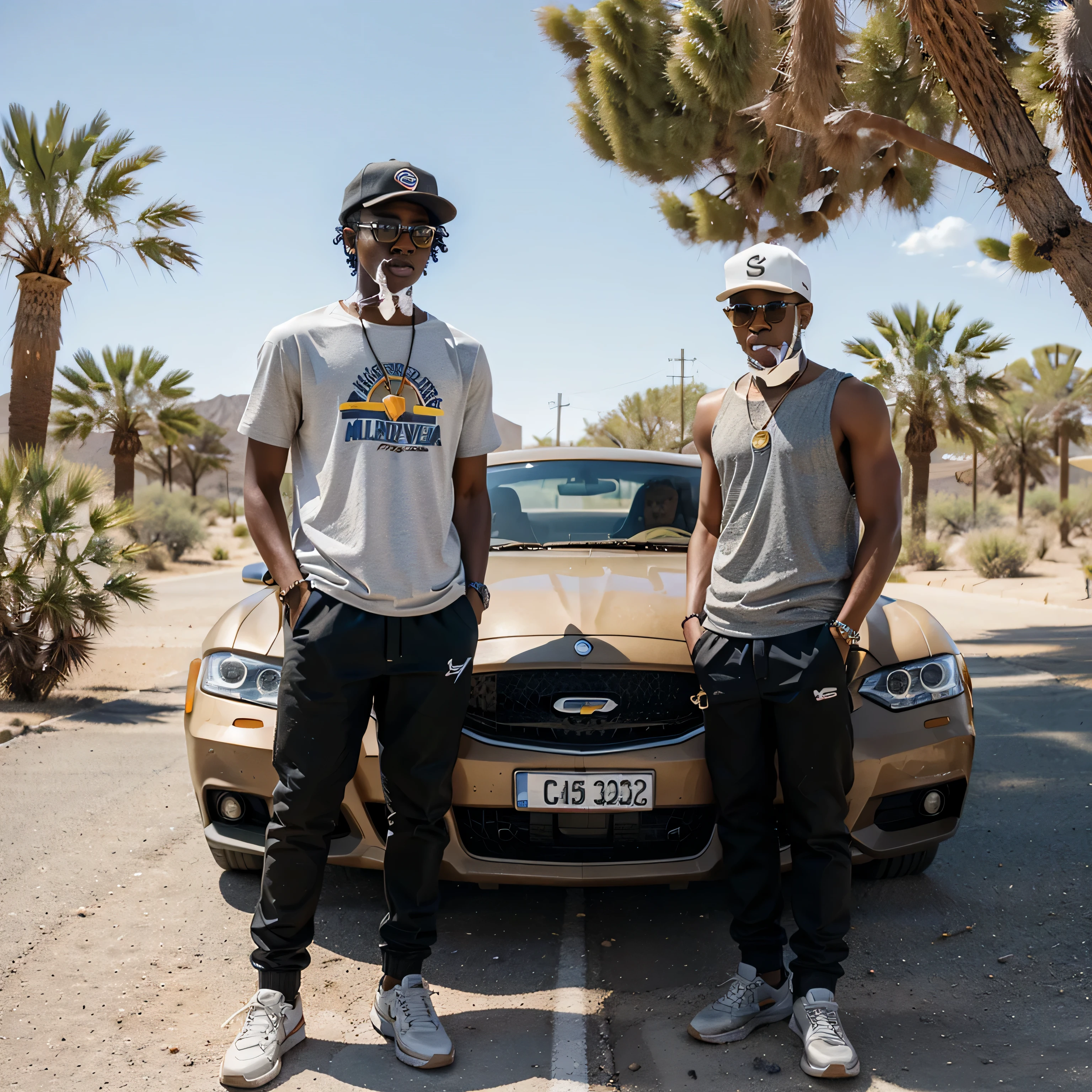 young African American male, wearing sun glasses, street urban fashion, full body, camera a good distance from the subject,wearing a hat, summer hot sunny weather, standing next to a sports car at a gas station in a dry hot sunny remote road, dry land desert 