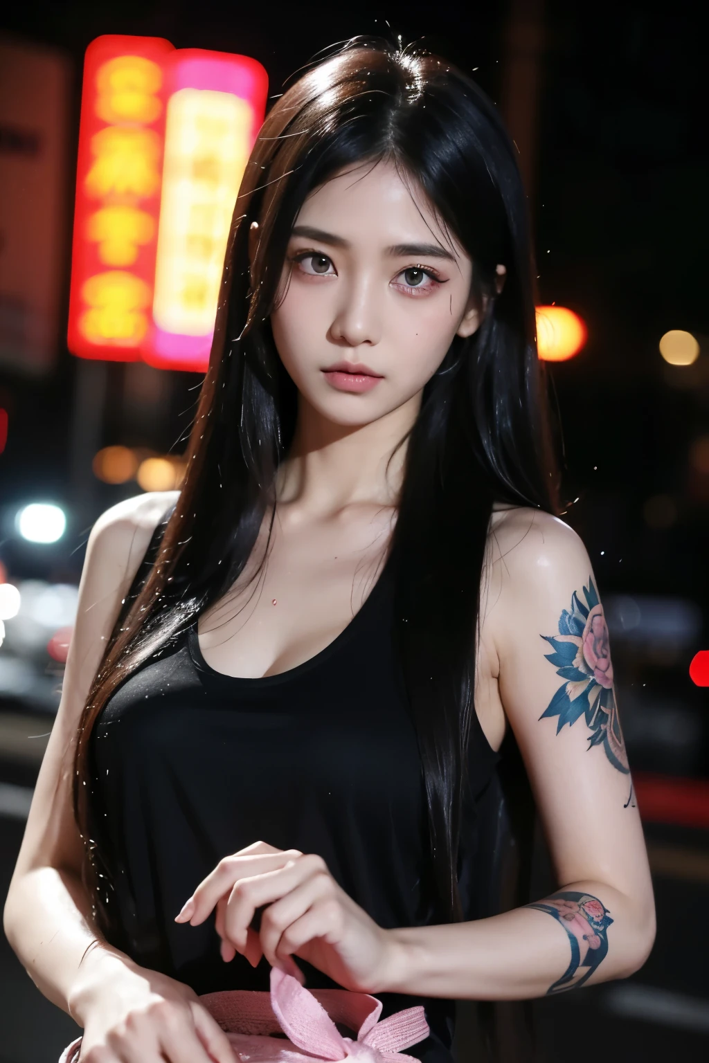  pink eyes, Also tattooed, long hair, black hair, tank top, girl ,night city, glowing eyes, no feelings, Songkran ,Miss Songkran ,wet,Eat noodles