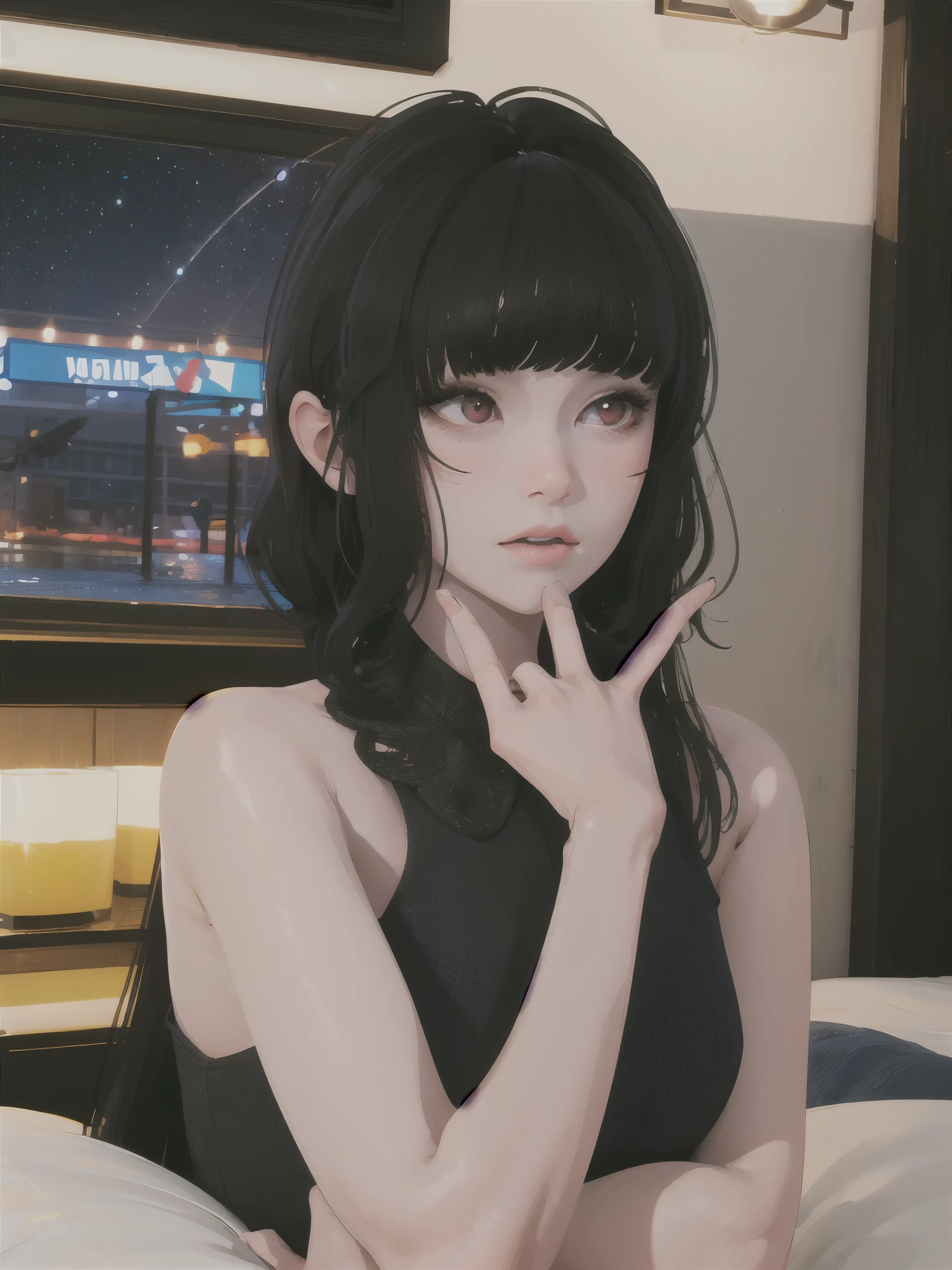 masterpiece, night, highly detailed, stars, best quality, 1girl, solo at night, Luna, black hair, red eyes, blunt bangs, distracted