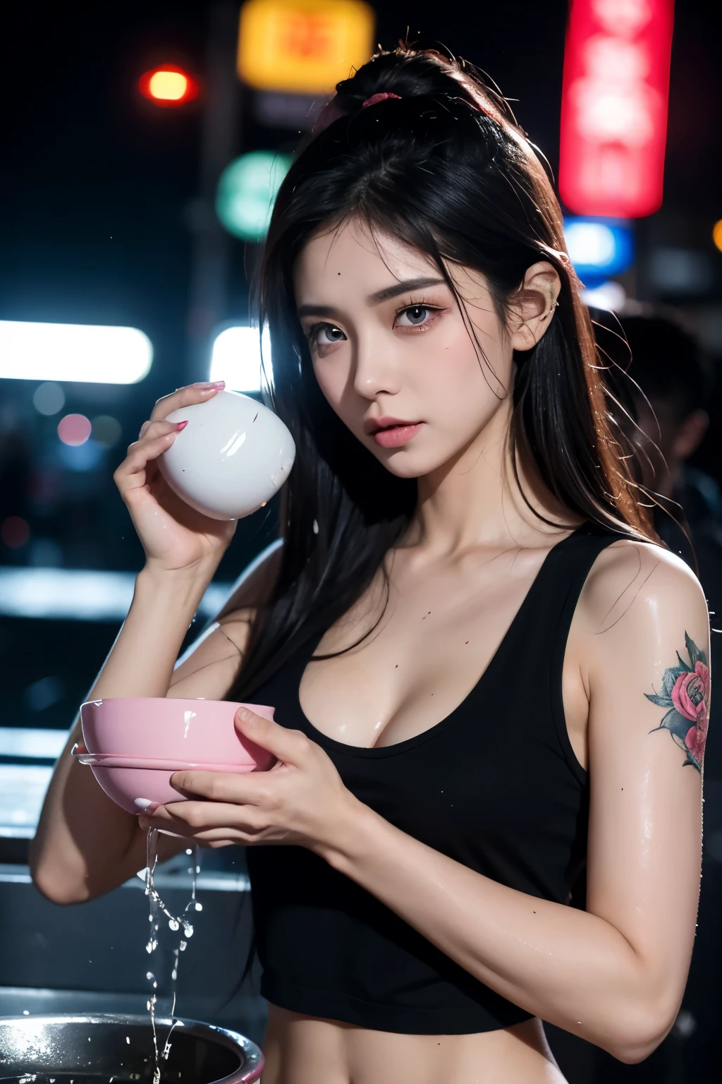  pink eyes, Also tattooed, long hair, black hair, tank top, girl ,night city, glowing eyes, no feelings, Songkran ,Miss Songkran ,wet,holding a bowl of water