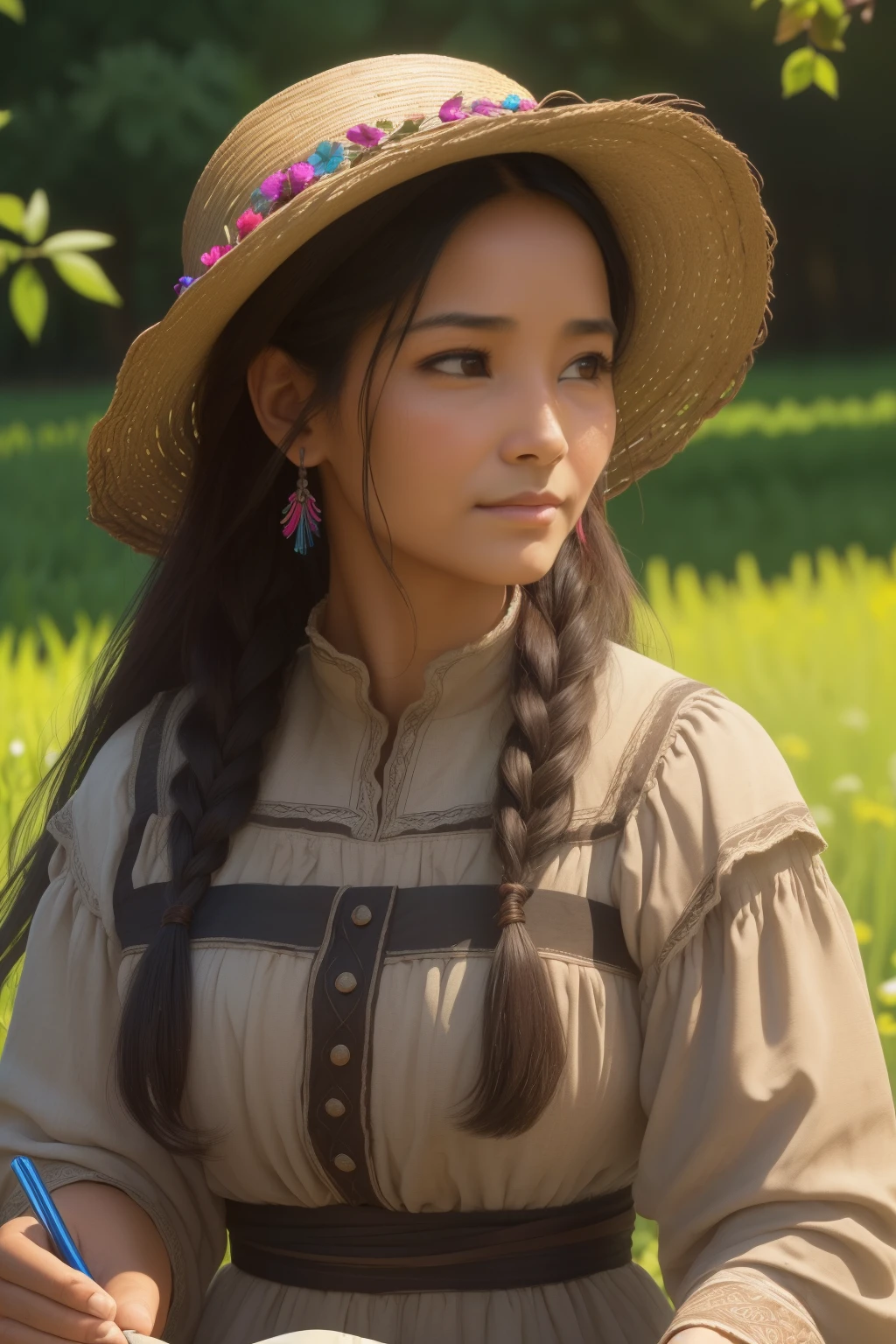 (((Beautiful peasant woman, deep-set brown eyes, long black tresses cascading down her shoulders, diligent in her work in the fertile field, 4k, Perfect Resolution, Dreamlikeart, Intricate, Soft face with wrinkles of wisdom etched into it, delicately detailed hair catching the wind, Masterpiece, ambient lighting casting gentle shadows, vivid colors bringing the scene to life)))), -- 16:9 aspect ratio.