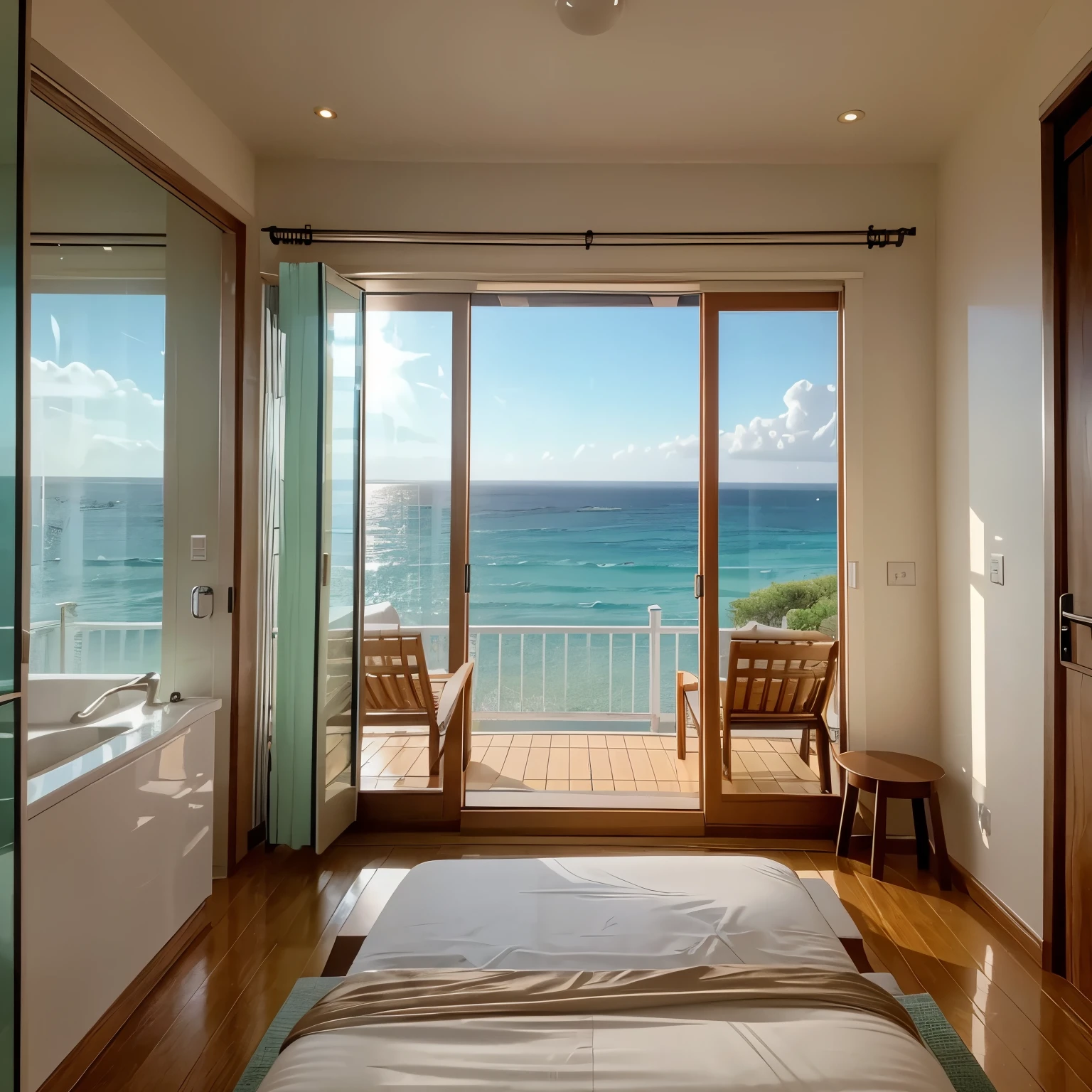 Beautiful massage room against the backdrop of a panoramic window overlooking the sea