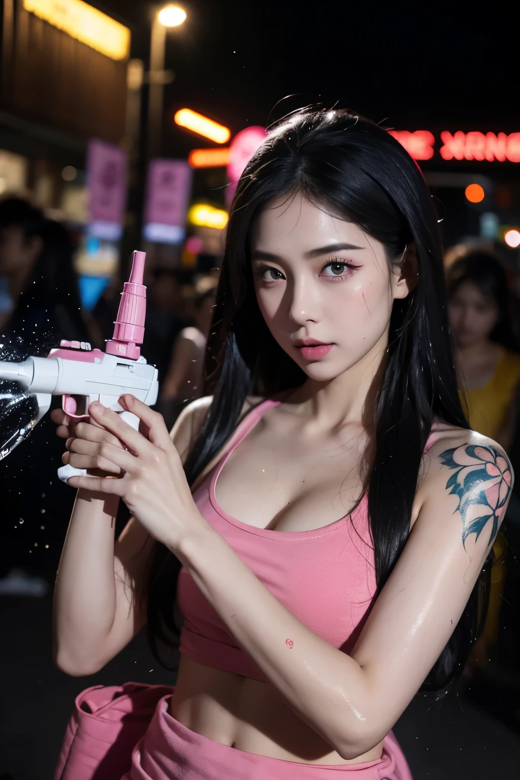  pink eyes, Also tattooed, long hair, black hair, tank top, girl ,night city, glowing eyes, no feelings, Songkran ,Miss Songkran ,Thai national costume,wet,holding colorful toy water guns