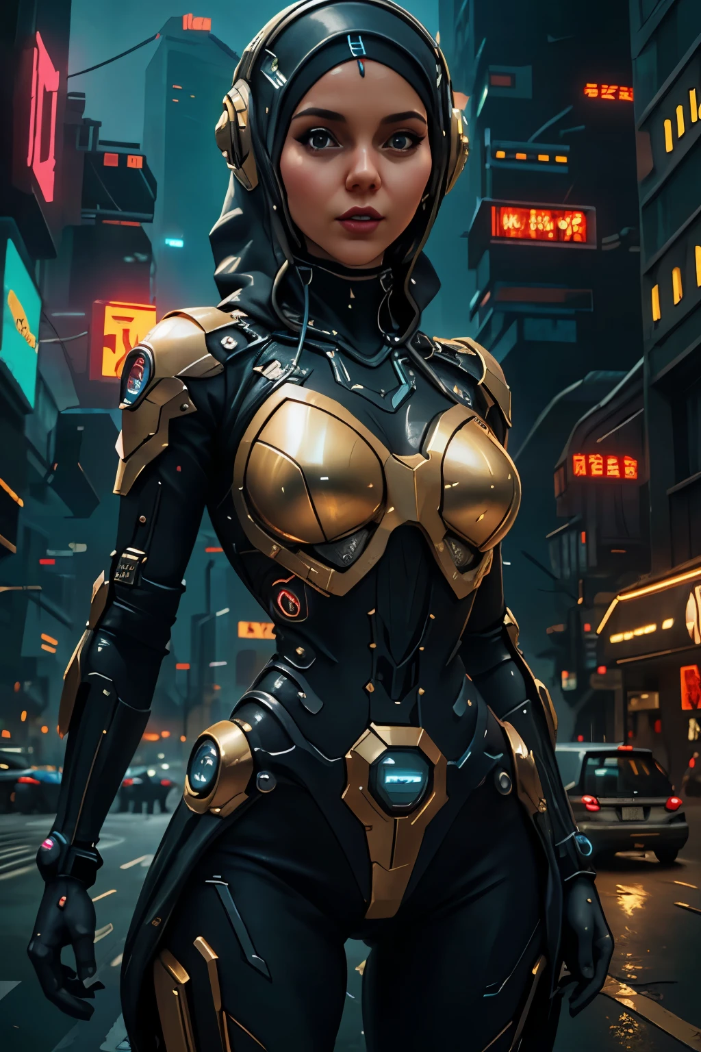 cyber punk girl in hijab,(best quality、8K、32K、masterpiece)、(Ultra -High definition)、(Photorealistic:1.4),dynamic pose,cowboy shot,cyberpunk fashion,golden,depth of field,cyberpunk jakarta city background,lighting cinematic.