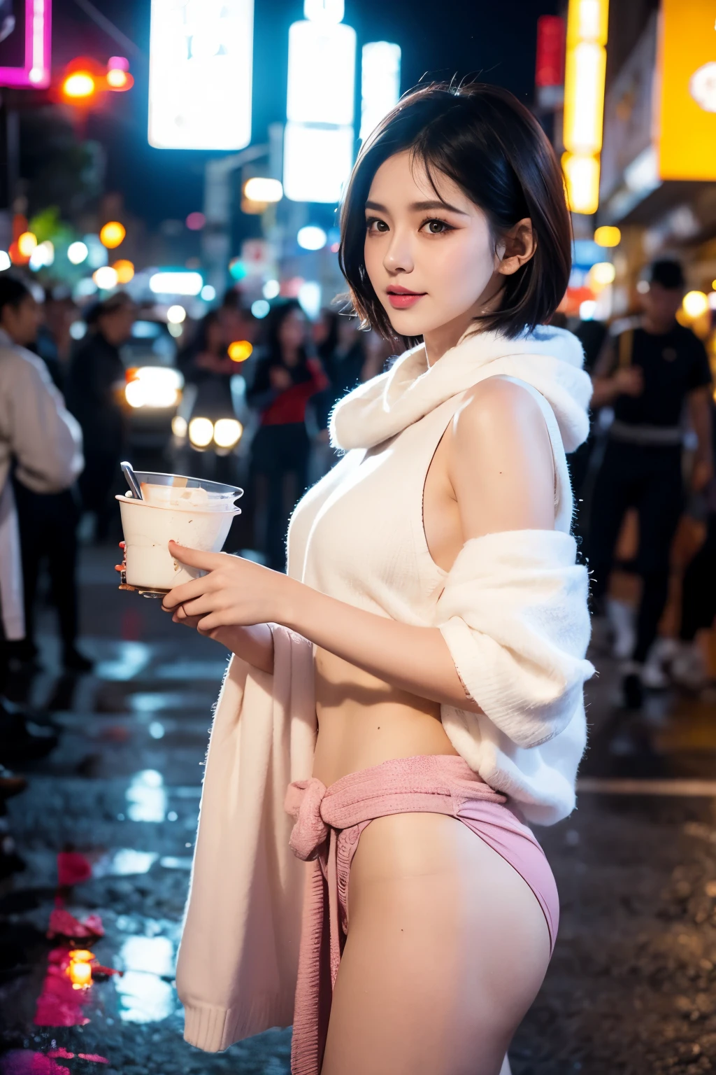 White fox, pink eyes, Also tattooed, Uterine tattoos, short hair, black hair, Men's sweaters, girl , Bisexual man, furry, night city, glowing eyes, no feelings, Long tail, Songkran ,Miss Songkran ,Thai national costume