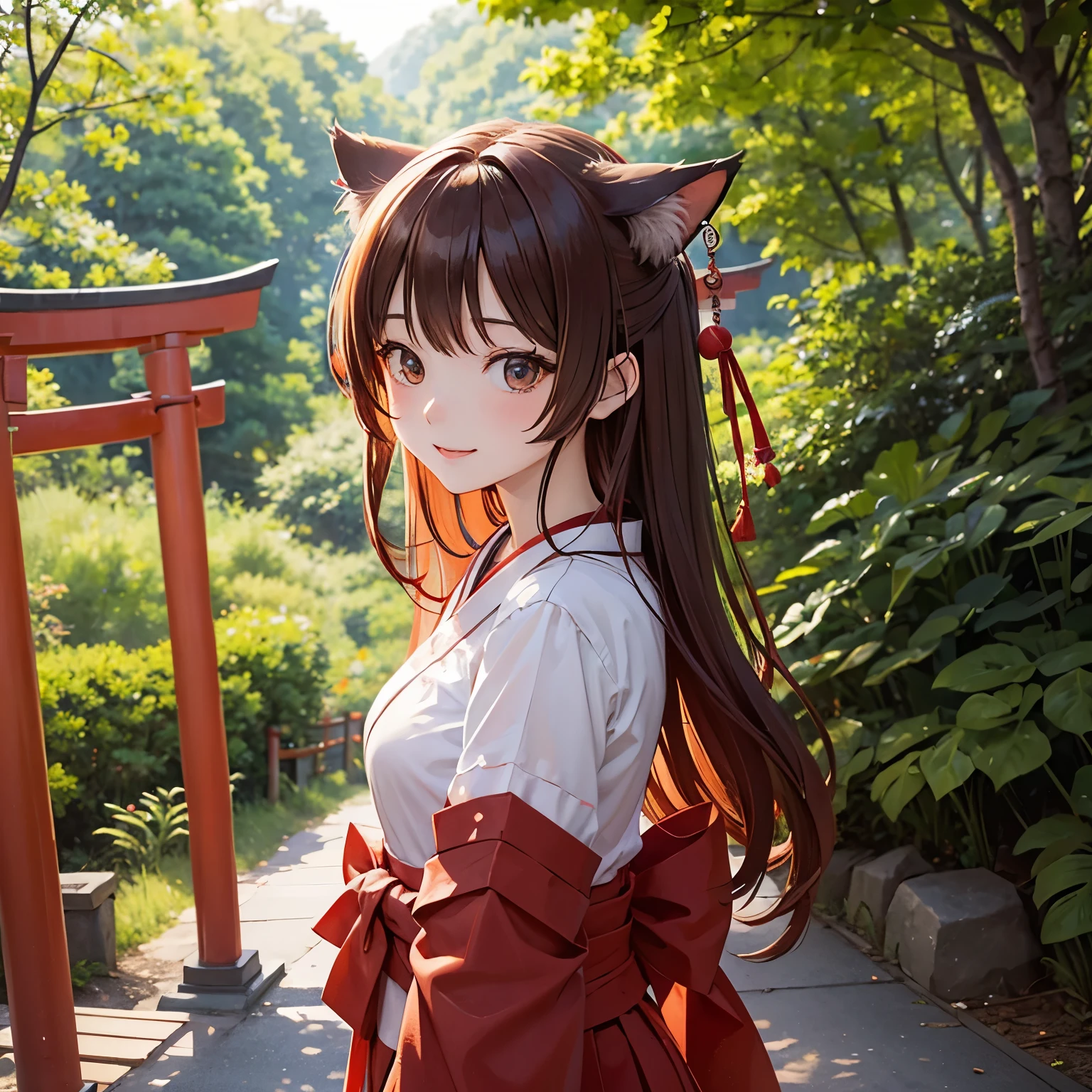 Cat ear、Shrine maiden、morning、sunrise、Red Torii Gate、in the forest、A cheerful smile、relax、older sister