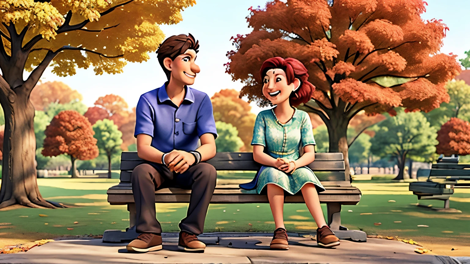 A man sits next to a women on a stone bench, on a beautiful autumn day, in a deserted park with no one around. The women sits laughing and chatting happily with the man.