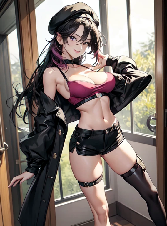 ubel,((ubel of Frieren: Beyond Journey's End )),dark green hair,long hair,side ponytail,hair between eyes,bangs, (miritary beret, black jacket, open clothes, cleavage, midriff, black shorts, black thighhighs, thigh strap, fingerless gloves, single glove:1.2) , (dynamic angle:1.3, front view:1.1, breast focus:1.3, from below:1.2), (dynamic posing:1.5, sexy posing:1.2, leaning forward), (seductive smiling:1.3),(*K) HD, highest quality, WorKs of masters, High resolution, spread legs, panties shot,1 girl, small nose,(with sparkling eyes and a contagious smile), very beautiful detailed face and eyes, bright colors, cute face, delicate beautiful face, Bright magenta eyes, cute eyes, sparkling eyes, Big eyes, (big breasts:1.3), (perky chest:1.1), (pointed chest:1.0), medium hips, glamorous body, white skin, smile, thin pubric hair, shiny hair, super beautiful face, Super beautiful eyes, Super beautiful hair，trendy outfit，sexy and attractive，explosion of colors，big hairpin，full body esbian，illegal occupation, Real World, Natural light,perfect Natural light,looking at viewer,