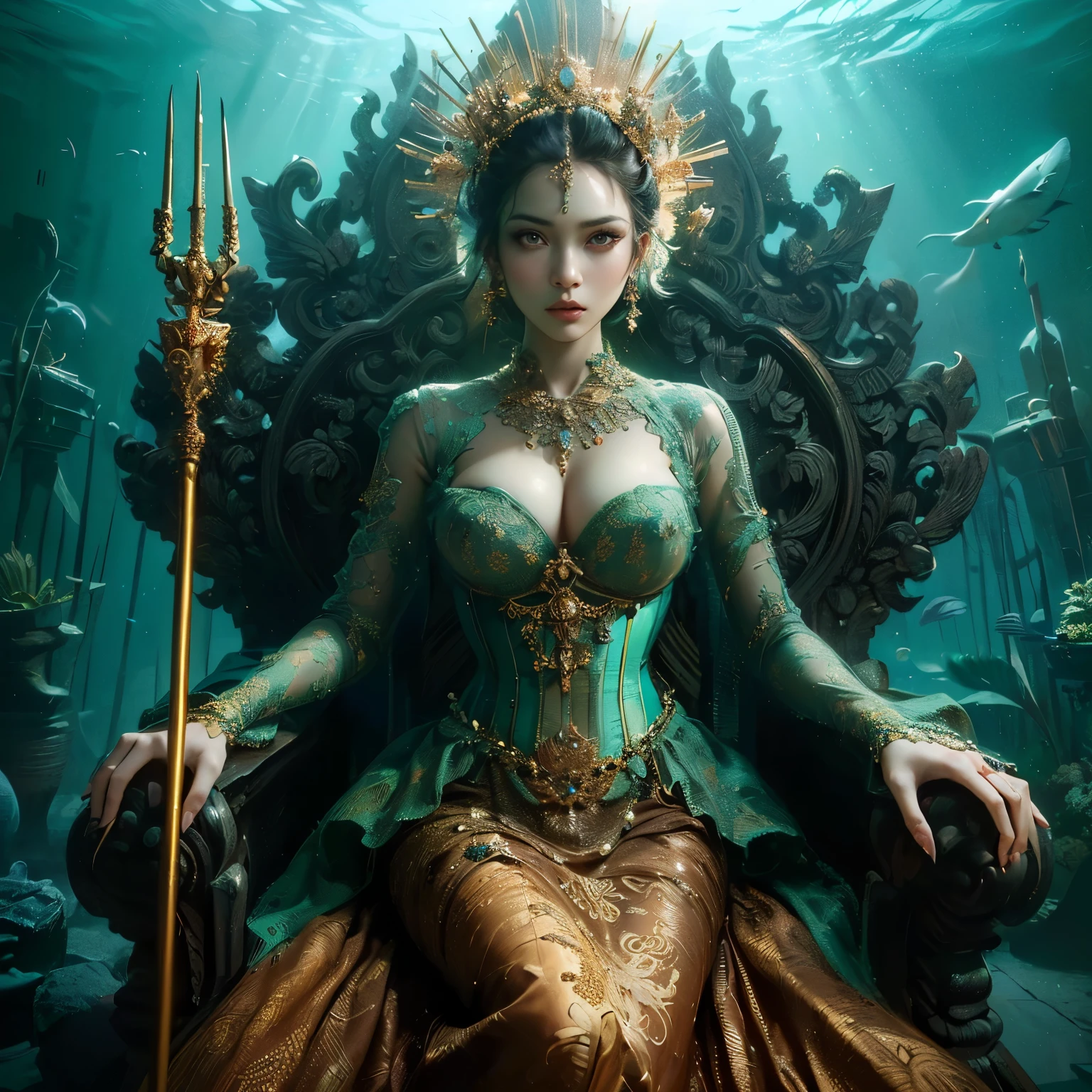generate nyi roro kidul ((((gigantic breqst:1,9))), wearing tight luxury green kebaya, luxury bustier corset, batik tight long skirt and short chignon hair, slim waist, propotional body, charming and horror expression face, sitting on her throne under the sea, she is holding a luxury trident, her aura is like a queen aura, make the picture looks so tense as she is looks angry, masterpiece, hyperdetail, 8k, ambient effect, digital effect, (((nsfw))), (((nude))), (((nipples))), (show boobs), (show cleaveage), masterpiece, best quality:1.2),,(8k,highres,RAW photo,realistic,photo-realistic:1.3),(detailed skin texture,detailed cloth texture,beautiful detailed face:1.25),professional lighting,photon mapping,beautiful soft light,radiosity,physically-based rendering,raytracing, model shoot style, model shoot style, (extremely detailed CG unity 8k wallpaper), full shot body photo of the most beautiful artwork in the world, (((nsfw))), (((nude))), (((nipples))), (show boobs), (show cleaveage)