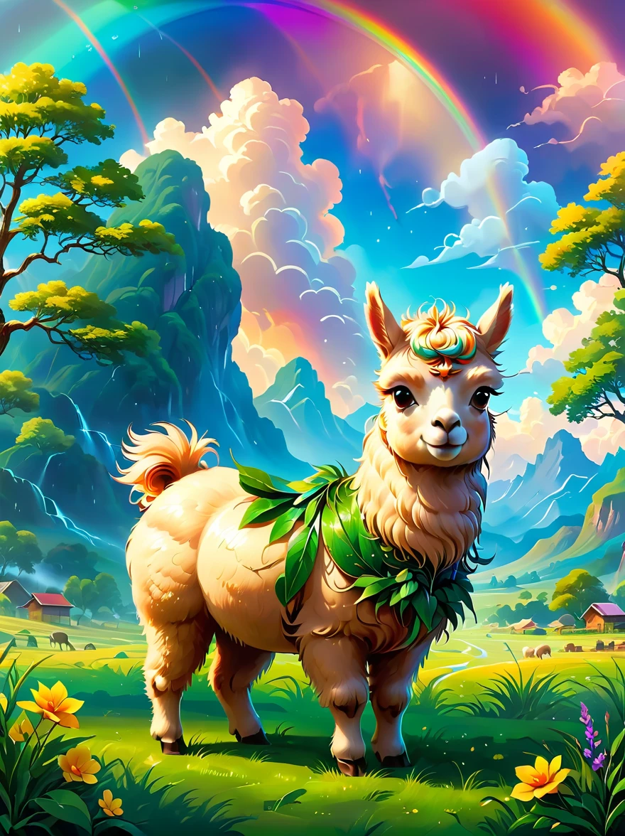 grassland, (A cute alpaca eating grass), (Chewing grass leaves:1.3), rain, Beautiful summer grassland, Beautiful scenery, Rainbow after rain, Bright colors, Super high saturation, RGB colors, bright, UHD, anatomically correct, super detail, best quality, award winning, 8k