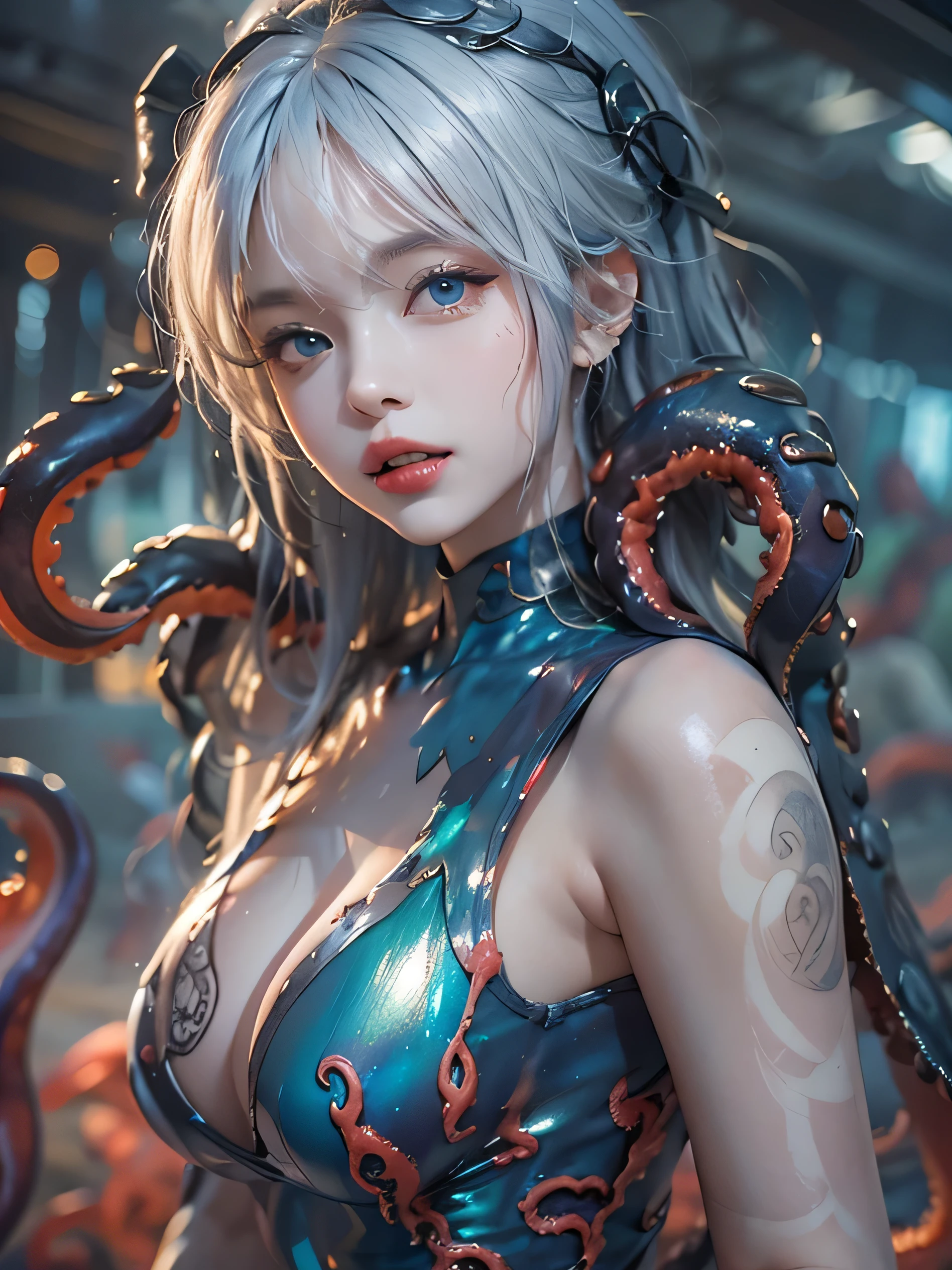 (Photorealistic:1.8, highest quality:1.8,8K masterpiece:1.8,High resolution,Mastepiece:1.8,RAW Photos,Cinematic lighting),No split screen、cyber punk、Pool、In the water、
(1 Android Girl:1.3)、Completely naked、choker、Big Breasts、translucent bunny suit、Beautiful ass、Beautiful thighs、Plump nipples、cameltoe、normal ears、correct2Benzu、(NieR:Automata,2B)、
Body painting with a pop design drawn all over the body、pop art design、Cutting-edge fashion、Conceptual Art、
(Suspension by tentacles:1.6)、(Countless tentacles wrapped around the body: 1.5)、(Tentacles clinging to:1.5)、(Tentacles tangling in the thighs: 1.5)、(Tentacles tangled in both legs:1.5)、Hide the nipples with tentacles、Hiding genitals with tentacles、giant octopus、Attacked by tentacles、
180 degree split、Lie down、lift your hips、A rich expression、fun、Embarrassing、Feels good、happy ahegao、Appealing gaze、
(Beautifully shining crimson blue red white silver hair:1.5)、
Sparkling Blue Eyes、Fine Lines