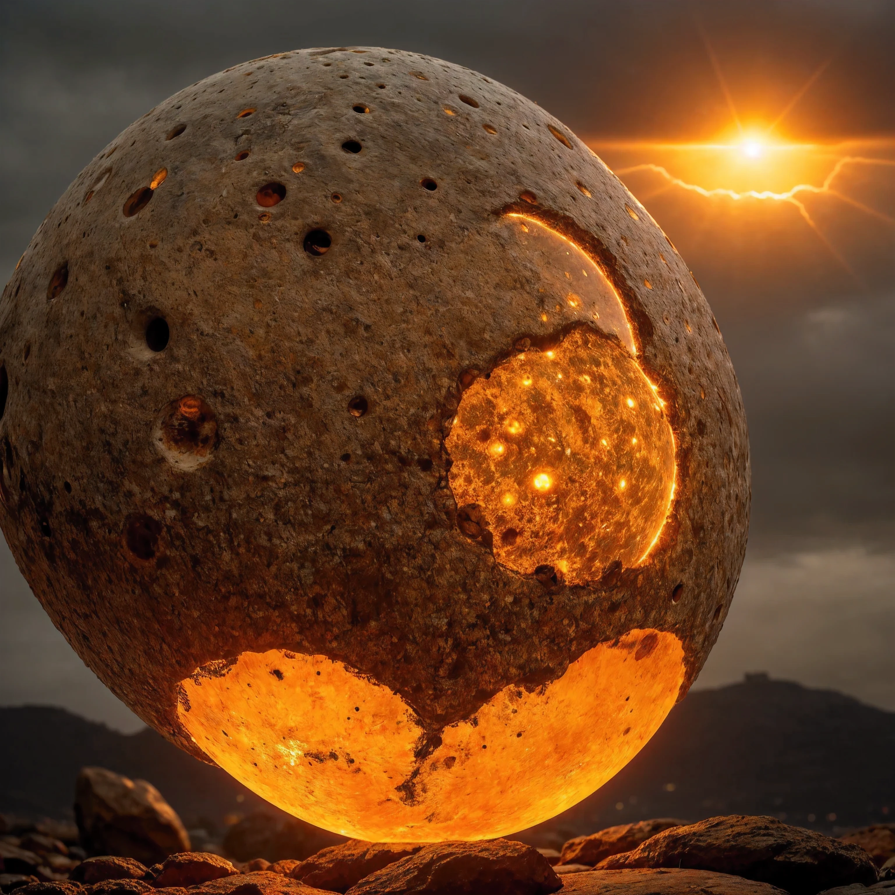 a mysterious, large, spherical object with numerous holes of varying sizes, illuminating light from within, placed on a rocky surface. The sphere emits an intense orange glow through its holes, contrasting with its dark exterior. The backdrop is an intricate cityscape with tall buildings and structures under a cloudy sky. The atmosphere is moody and mysterious due to the dim lighting and the enigmatic glowing sphere. Rain or moisture can be seen on the surface of the sphere and the ground, indicating wet weather conditions.