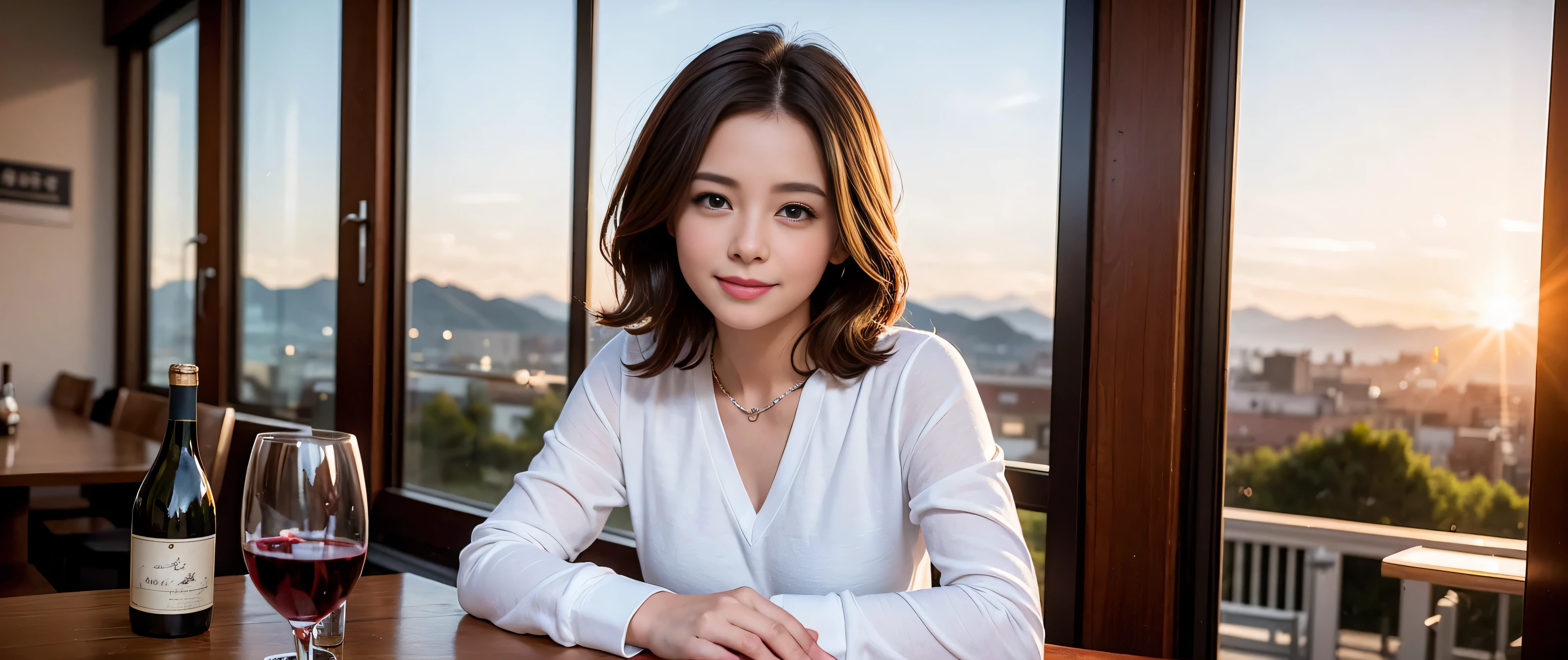 ((highest quality、8k、masterpiece:1.3))、Sharp focus:1.2、Beautiful woman perfect body:1.4、Slim body、((Bob Hale、Straight hair:1.2))、(to be born, highest quality, masterpiece:1.5), (Realistic, Intricate details:1.2), Ultra-high resolution, Spectacular view of the sunset sky and clouds、Amazing mountain views、A bright smile、A lovely woman with a smile、Bright image、2. Wine Beauties, Beautiful Face, blue eyes, The light shines on your face, Blushing, short hair,Bright face、Fox face、 (44 years old), 39 years old, Lady、red wine 、hors d'oeuvre、Italian food、wine bottle、Champagne、sparkling wine、two beauties、brown hair、Shortcuts、Long sleeve shirt、dress、Pretty Woman 1, (slim face), (The body is slim), (brown hair), (Shortcuts), cheeks turn a little red,charming beauty、, Out of the window, A beautiful and detailed night view unfolds.........., restaurant, In a prominent place (From the waist up) nova frog style, actress, model, Upper Body, White wine, slim, wine glass, wine glass placed in the middle, smile, (smile: 1.15), Beautiful fine grain, Depth f/2,saturation, High Contrast, Strong light and shadow,Moist Body:1.5、3D texture、Delicate eyes、brown hair、The hair is very shiny、