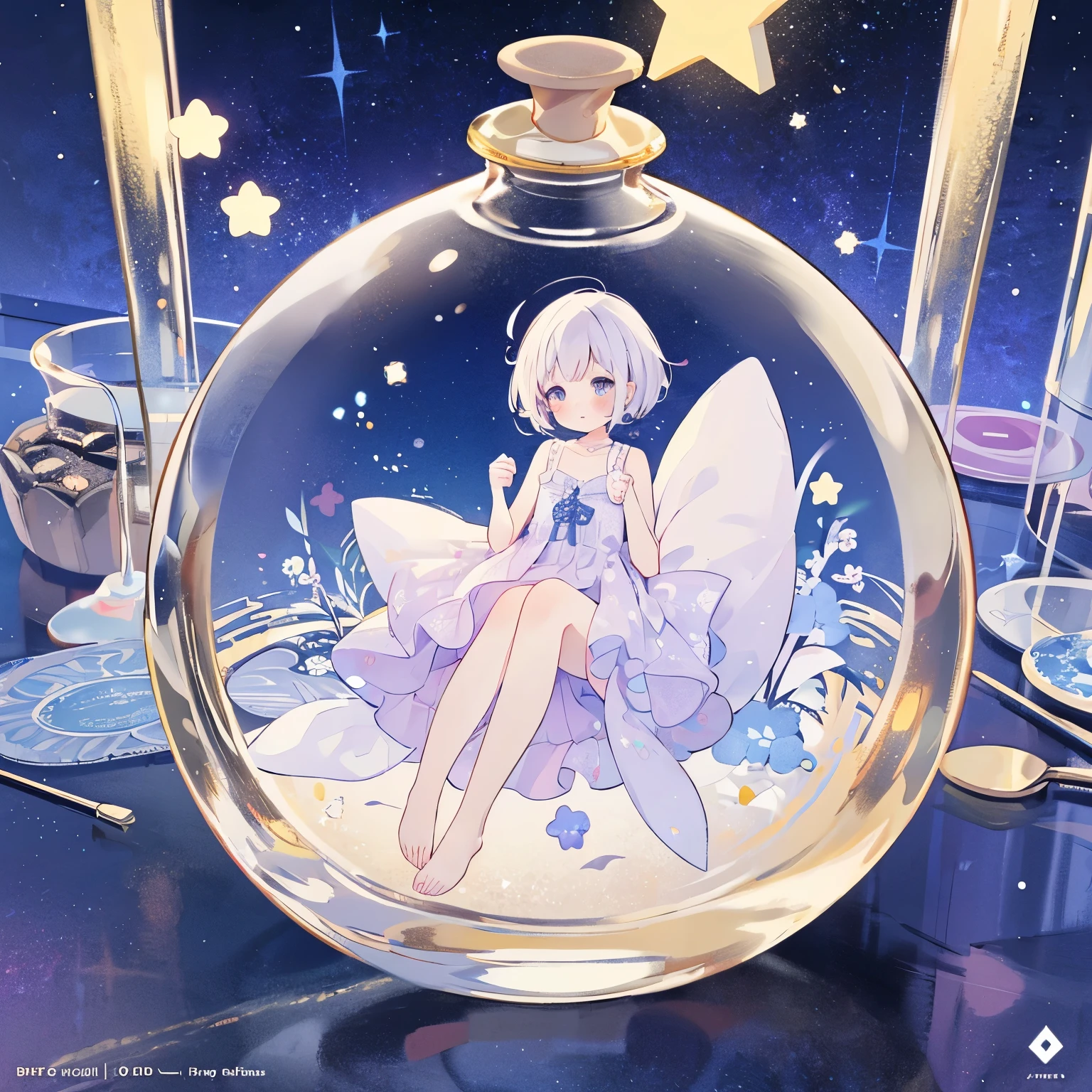 Highest quality, Masterpiece, Very high accuracy, east face, Flat design, View shot, Facing the audience,
  Complex background, Wishing stars wallpaper, woman inside of the bottle wearing a ethereal mysteriousal pink traslucent dress that reflects the stars , perfume Promotional art, mysterious,Complex graphics, Very detailed, Cover girl brand, Promotional art,Woman in a perfume bottle. Technical performance, ethereal, Starry night, Mid-flight pattern stars, glow in the dark　Completely naked　who　Masturbation　Spread legs　your face
