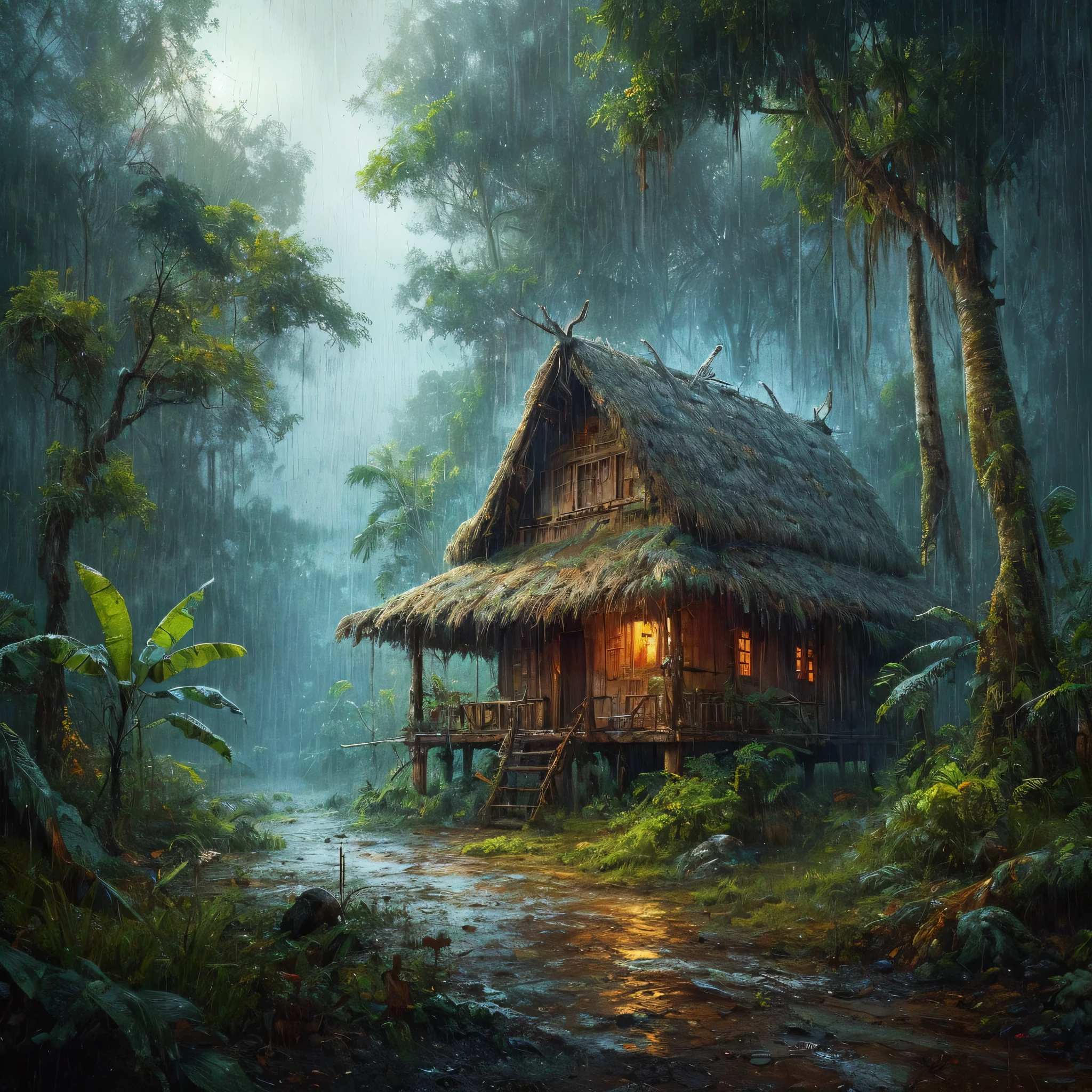 painting of an old hut, fine art painting, trending in the cg community, sumatraism, haunted house in the forest, mystical/haunted atmosphere, heavy rain, tropical location, cell phone wallpaper