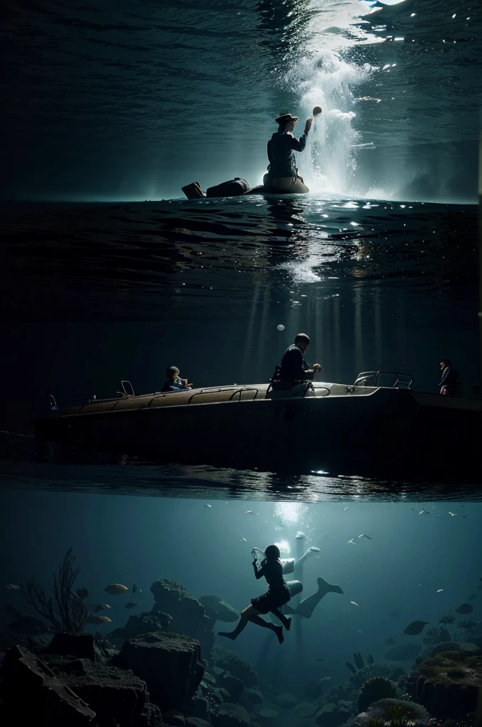 people underwater exploring the titanic