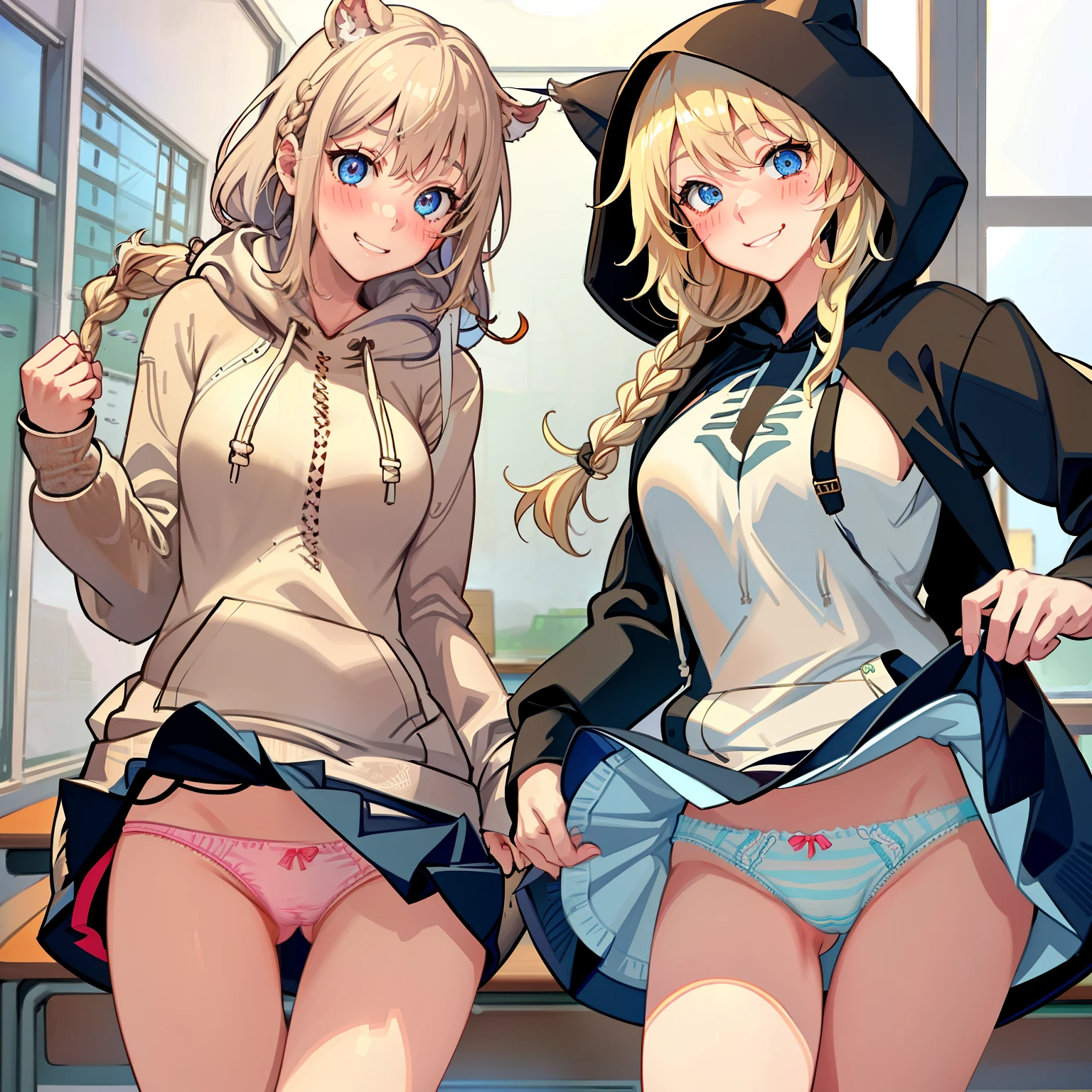 ((2 girls))、(smile:1.5)、Small breasts、(Cowboy Shot)、(fun!!)、(Blonde)、(blush:1.4)、、(single braid)、(Eye highlights:1.3)、blake black shoes,(Black Skirt)、((oversized hoodie:1.5)), Rest indoors, ((classroom:1.5))、 BREAK while watching the audience、(Grab the skirt:1.0)、 (Perfect hands, Perfect Anatomy),Cowboy Shot、(Skirt lift:1.3),(Highly detailed panties:1.3)、(Highly detailed panties:1.3)、、(スカート that rolls up:1.3)、(Full-fledged panties:1.5)、Light blue eyes、