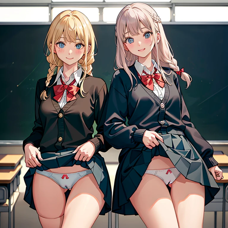 ((2 girls))、(smile:1.5)、Small breasts、(Cowboy Shot)、(fun!!)、(cardigan)、(Blonde)、(blush:1.4)、、(single braid)、(Eye highlights:1.3)、blake black shoes,(黒いskirt)、bow, button, shirt with collar, Long sleeve, ((red bow tie, , Black jacket, Open jacket, 茶色のcardigan, white shirt, 黒のskirt, チェック柄のskirt、white socks)),, shirt,, skirt, socks, Thighs, white shirt, Rest indoors, ((classroom:1.5))、 BREAK while watching the audience、(skirtを掴む:1.0)、 (Perfect hands, Perfect Anatomy),Cowboy Shot、(skirt lift:1.3),(Highly detailed panties:1.3)、(Highly detailed panties:1.3)、、(skirt that rolls up:1.3)、(Full-fledged panties:1.5)、Light blue eyes、