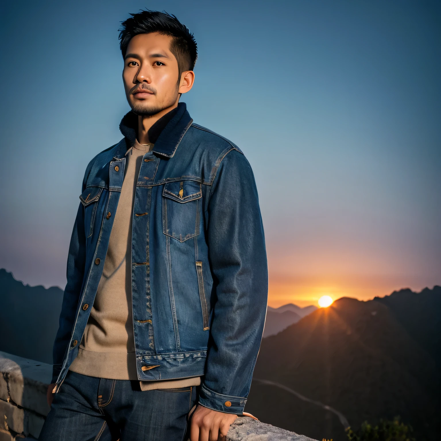 an Indonesian Javanese man (30 years old, oval and clean face, Indonesian-style skin, wearing a thick winter jacket, jeans) standing posing like a model on the Great Wall of China, photo slightly tilted to the side, visible face, atmosphere night, minimal lighting, sunset light. ultra HD, real photo, very detailed, very sharp, 18mm lens, realistic, photography, leica camera