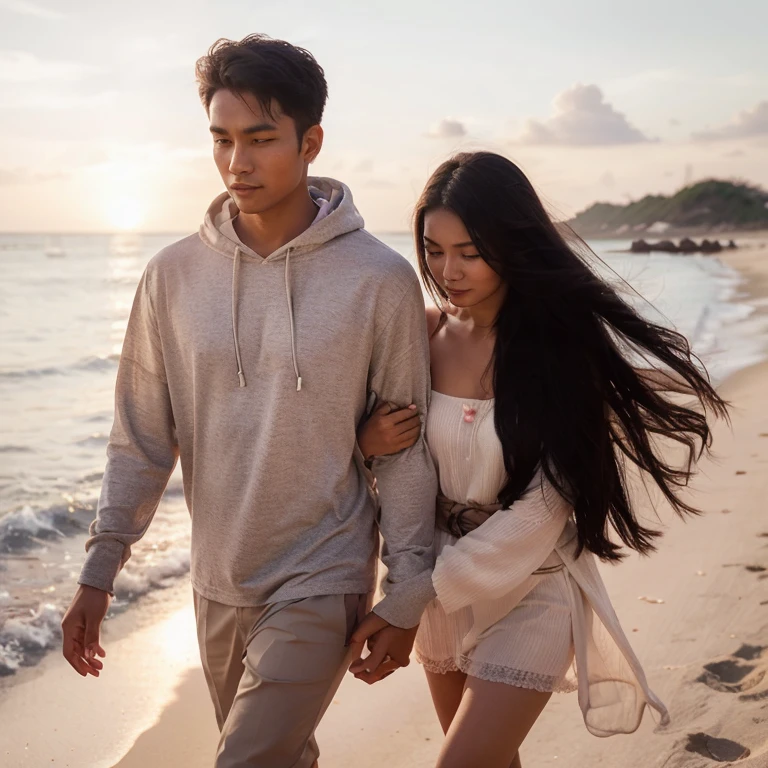 gorgeous 19 y.o. girl,gorgeous girl, score_9,score_8_up,score_7_up,source_anime,masterpiece,best quality, ((black hair)),make up, opened eyes, black eyes,full clothing,a woman with her husband,((woman hugging husband,1 husband,)),duo,realistic skin,realistic,husband,at the beach,wearing beach clothes