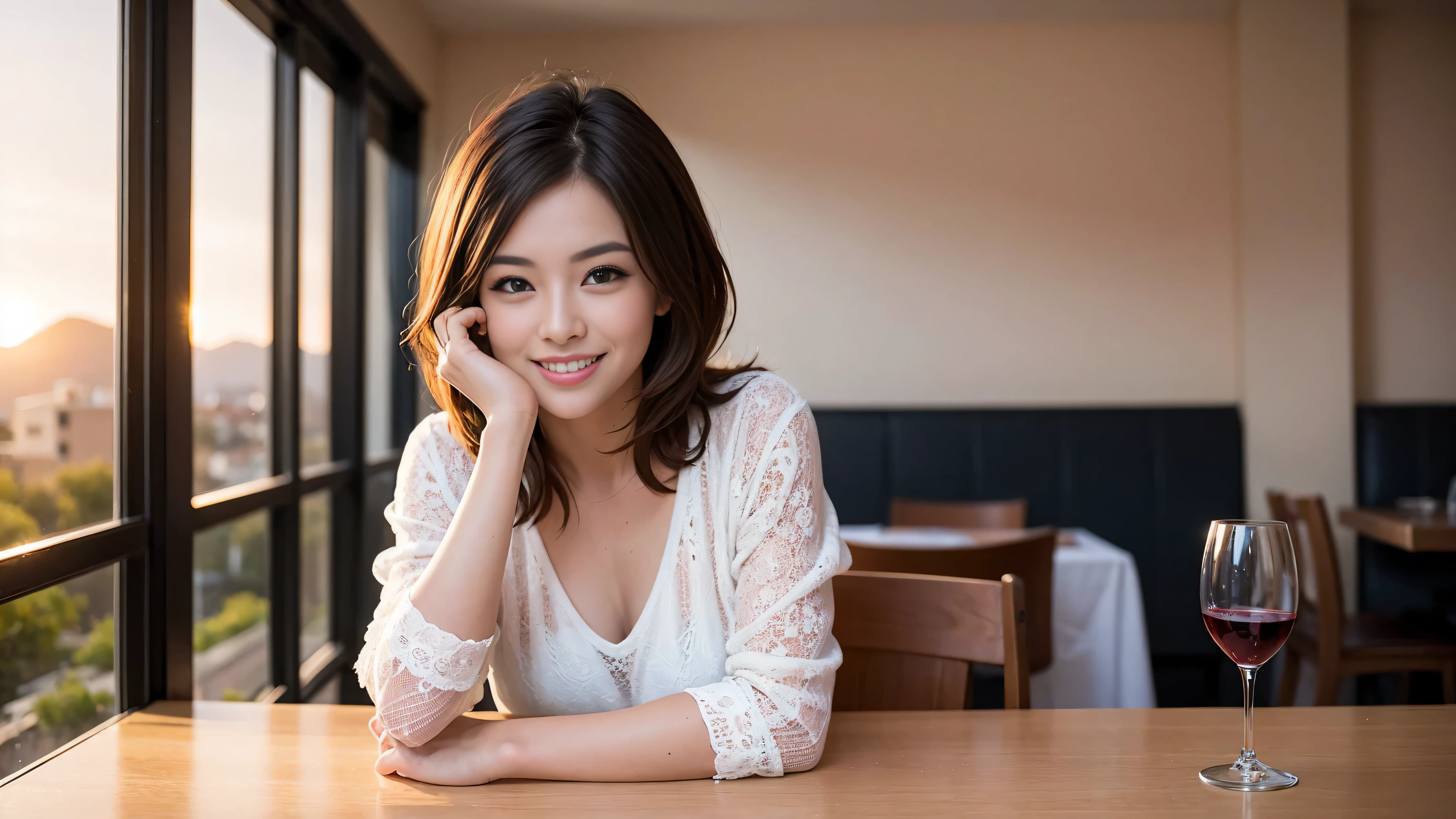 ((highest quality、8k、masterpiece:1.3))、Sharp focus:1.2、Beautiful woman perfect body:1.4、Slim body、((Bob Hale、Straight hair:1.2))、(to be born, highest quality, masterpiece:1.5), (Realistic, Intricate details:1.2), Ultra-high resolution, Spectacular view of the sunset sky and clouds、Amazing mountain views、A bright smile、A lovely woman with a smile、Bright image、2. Wine Beauties, Beautiful Face, blue eyes, The light shines on your face, Blushing, short hair,Bright face、Fox face、 (44 years old), 39 years old, Lady、red wine 、hors d'oeuvre、Italian food、wine bottle、Champagne、sparkling wine、two beauties、brown hair、Shortcuts、Long sleeve shirt、dress、Pretty Woman 1, (slim face), (The body is slim), (brown hair), (Shortcuts), cheeks turn a little red,charming beauty、, Out of the window, A beautiful and detailed night view unfolds.........., restaurant, In a prominent place (From the waist up) nova frog style, actress, model, Upper Body, White wine, slim, wine glass, wine glass placed in the middle, smile, (smile: 1.15), Beautiful fine grain, Depth f/2,saturation, High Contrast, Strong light and shadow,Moist Body:1.5、3D texture、Delicate eyes、brown hair、The hair is very shiny、