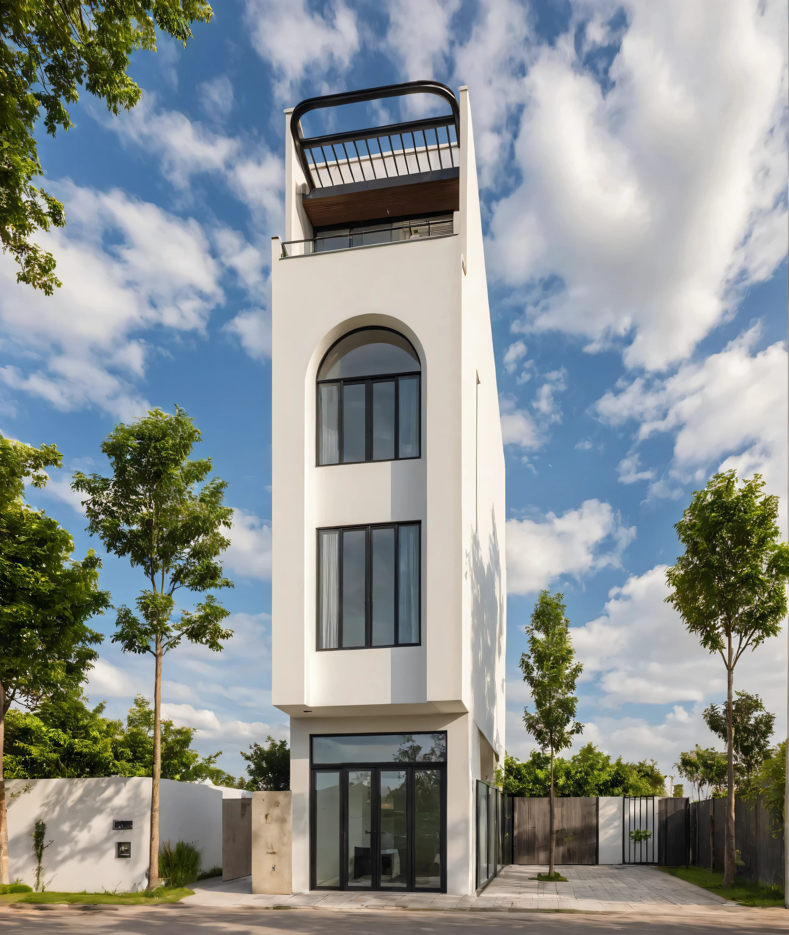Masterpiece, high quality, best quality, authentic, super detail, outdoors, house style modern,bietthuhn, white wall, glass windows, gate road,pavement, grass, trees,blue sky, cloud, (day:1.1), realistic lighting