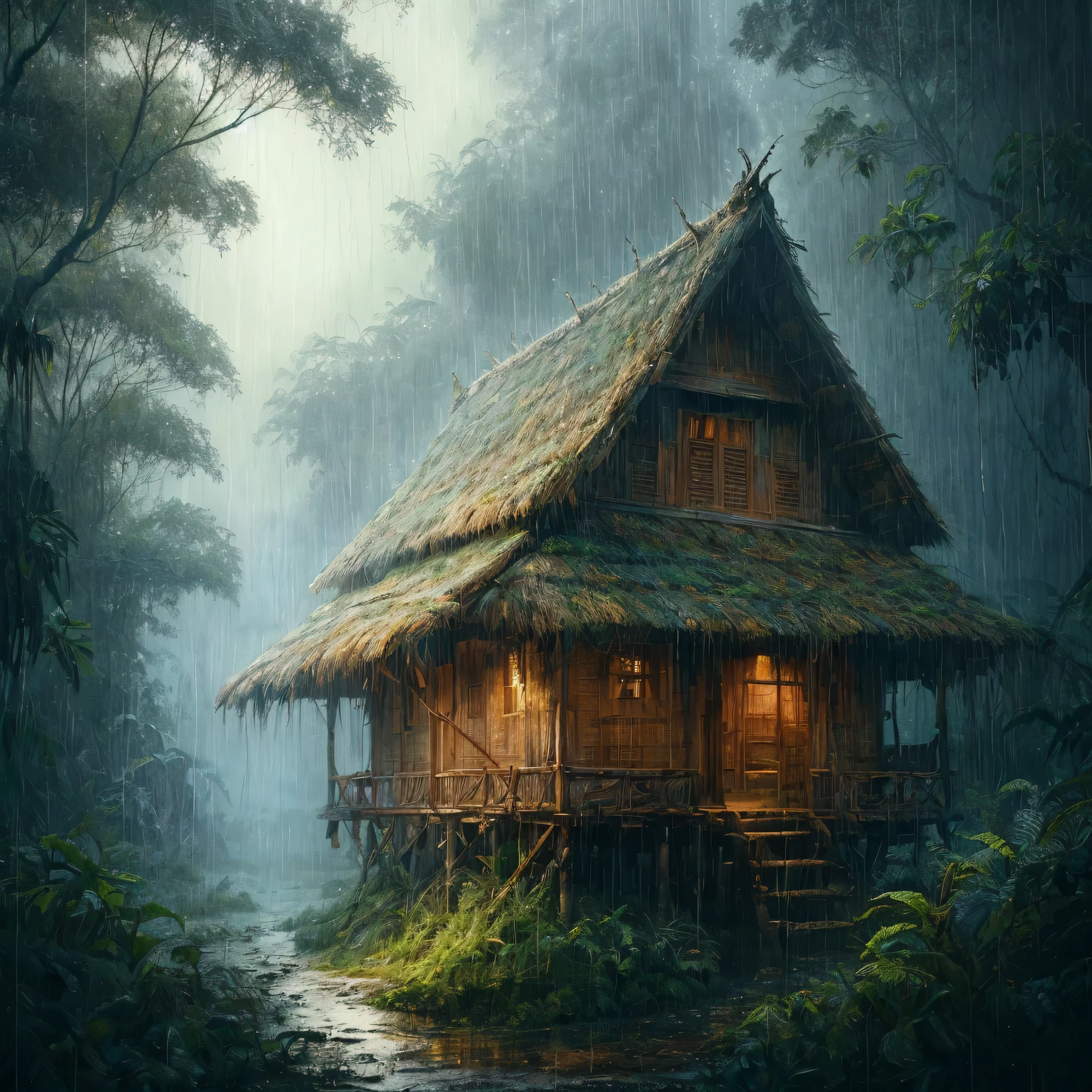 painting of an old hut, fine art painting, trending in the cg community, sumatraism, haunted house in the forest, mystical/haunted atmosphere, heavy rain, tropical location, cell phone wallpaper