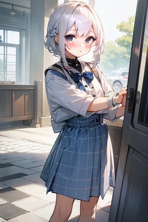 Short white hair, blush, Navy and white checkered clothing、Braiding、