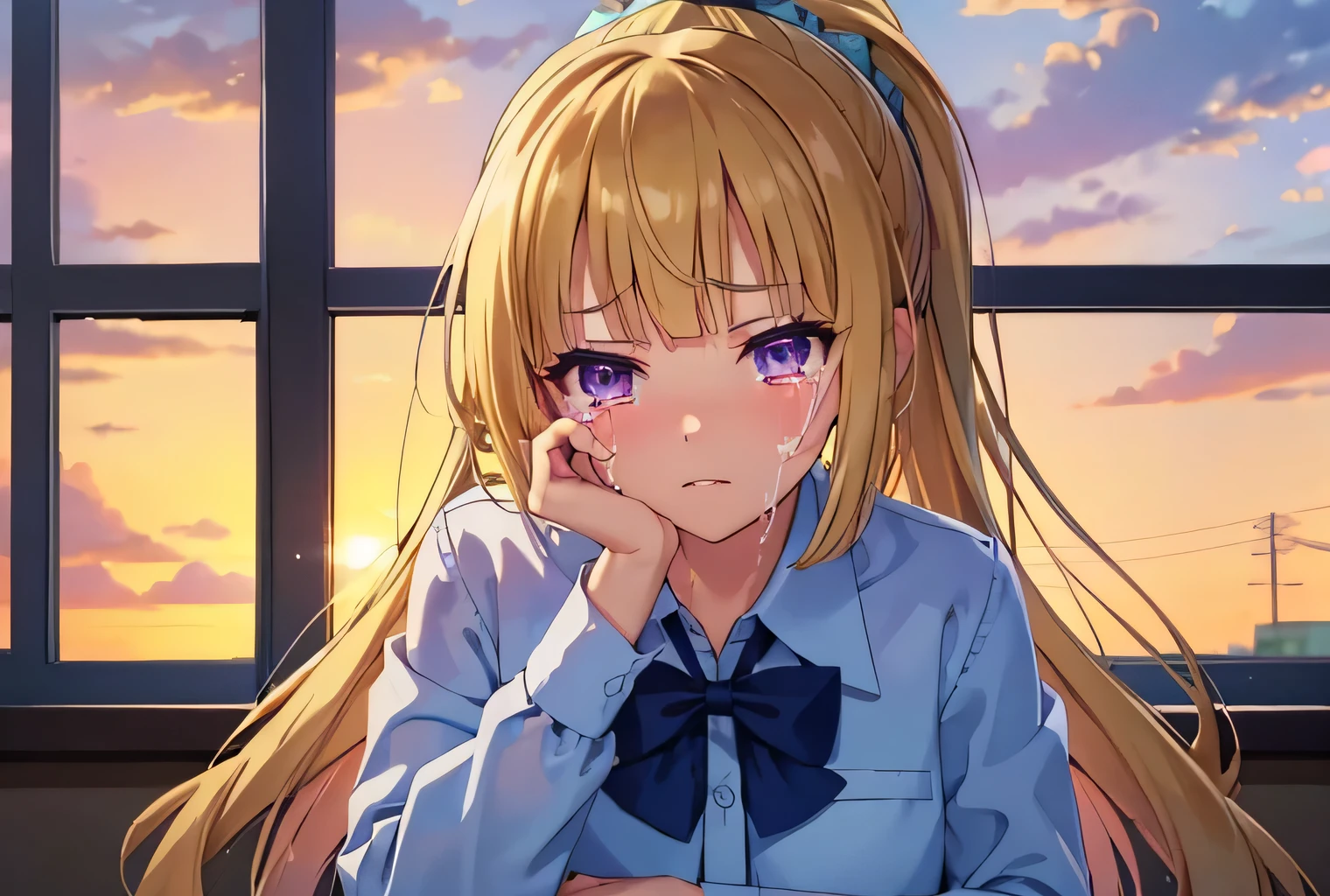 (masterpiece, top quality, best quality, official art, beautiful and aesthetic:1.2), (1girl:1.3), extremely detailed,(fractal art:1.2),colorful, highest detailed, (zentangle:1.2), parted lips,wallpaper,beautiful violet eyes, long hair, beautiful blonde hair, ponytail hairstyle, bangs,beautiful and detailed fingers, five fingers, (sad, sadness expression, sadness face, crying), school outfit, (cowboy shot), in classroom, window