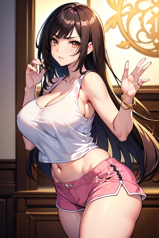 (Ultra Masterpiece, Best quality), Intricate Face, (Absurdres), (Skindentation), (Best shadow), (Anime), Steely eyes, /(Hinedere face)/, /(Hinedere looks)/, (Perfect face)+, (seductive beauty)+, (Gyaru), Huge breasts, Very curvy, (dark hair), Long hair, Bracelets, Beautiful hairstyle, (amber eyes), Full lips, (face filled with happiness, annoyed expression), (cute face), cute, ((beautiful character design)), At home, (Intricate Clothes), (intricate clothes), Professional photo, (Toned legs, Thick thighs), Big breasts, Ray tracing, (Perfect face)+, Octane render, good looking tank-top, ((white) loose tank-top: 1.3), good-looking shorts, ((pink) shorts: 1.2), shorts, open clothes, (cleavage), At home, Huge breasts, (Shiny skin), (healthy body), 1 Female, (bold and assertive pose), (Very sexy+, Gorgeous woman++, young beautiful woman+), ( Facing the viewer ), (Hinedere)+