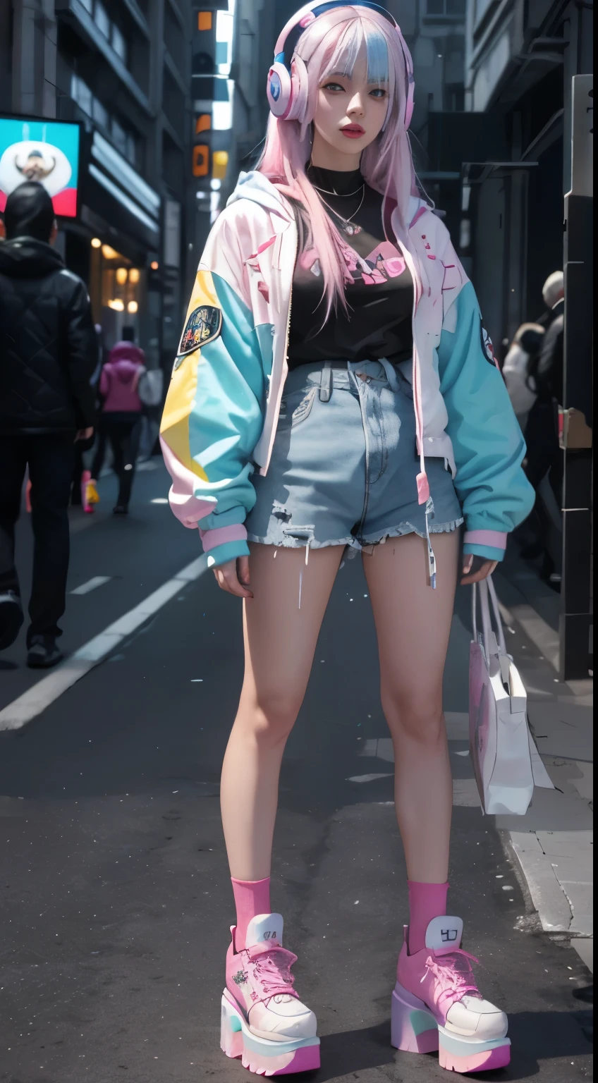 masterpiece, highest quality, expensive quality, Ultra-detailed, expensive_resolution, expensive contrast, Photorealistic characters, ((( Lucy))) ((Cyberpunk Edge)), White, rainbow dyed color with White hair, Girl with neon headphones,Pink and blue vintage clothes, Pink and blue jersey, platform shoes, Comme des Garçons, Ultra-detailed face, Pale, reddish skin, Red oily lips, Oily skin, Surreal, Lucy art, smile, Long Hair, full body shot, Standing in the center,