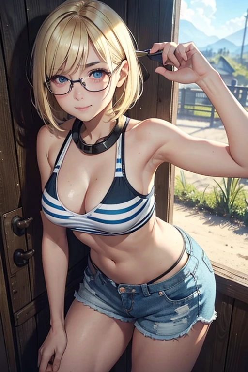 1 girl, stripes, body of , very detailed eyes,  , Blonde hairstyles, short hairstyle, rift, sensual mouth, Big breasts, The donkey faces the viewer., Return to the screen., smile, Sexy Shorts, Micro shorts 1.6, Ultra HD |, 4K images, glasses, Characters near the camera, hair details, Chewing gum production