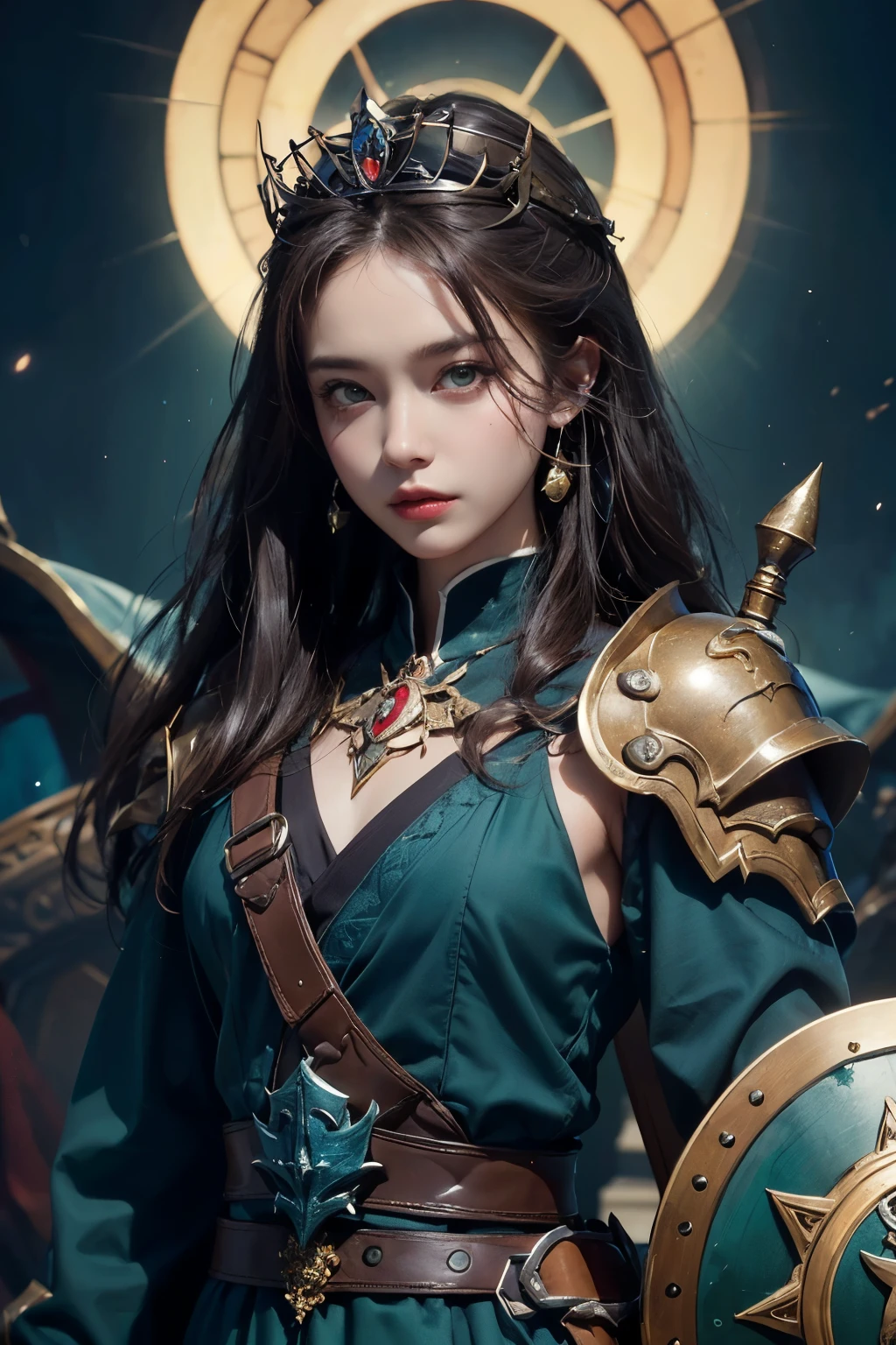 ((highest quality)), ((masterpiece)), (detailed), Perfect Face、Diablo 2 Sorcerer Costume、Tiara on head、Upper body from chest up、Green clothes、In his left hand he holds a metal shield、In his right hand he holds a shining sword、Facing forward、looking at the camera、beautiful japanese woman、cutout、No background
