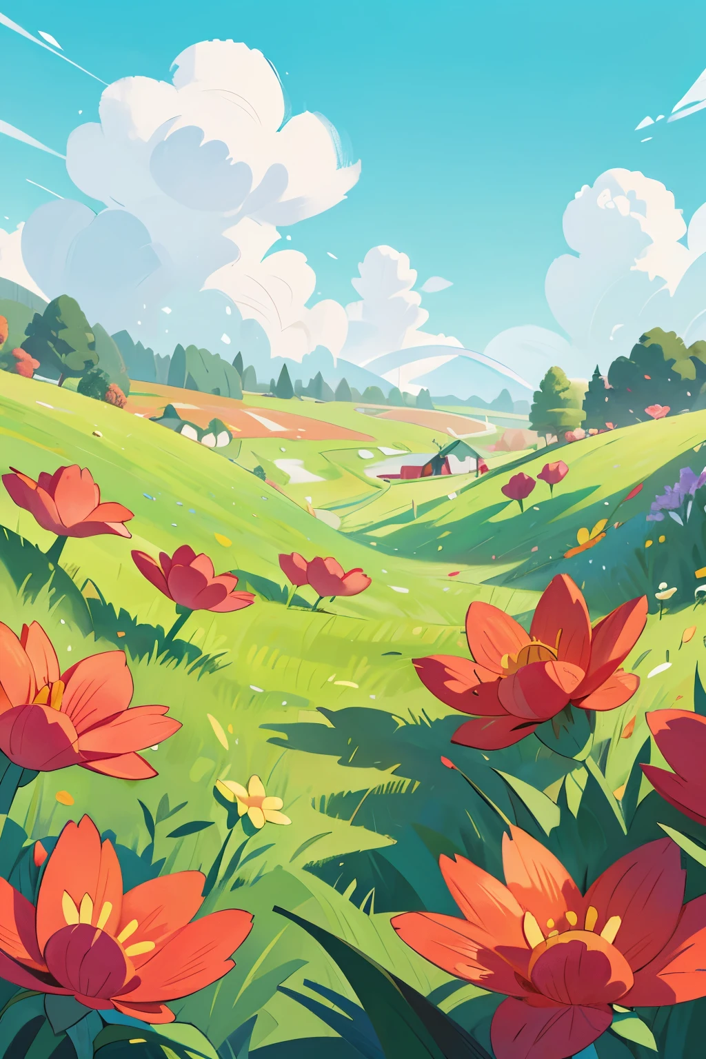 The grass is full of colorful flowers and there are no people