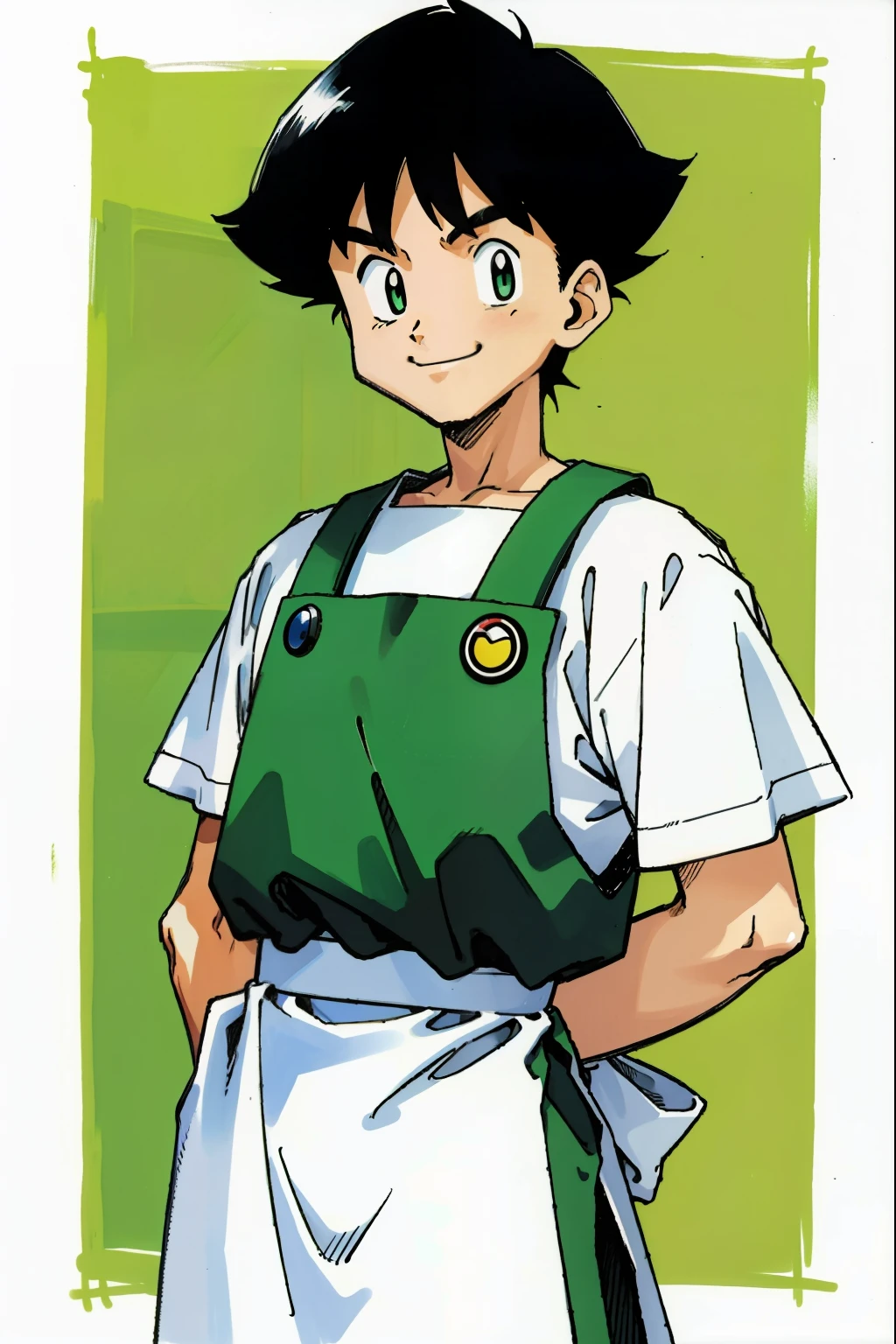 by Ken Sugimori, sugimori 1990s, ((only 1man)), shop clerk, white shirt, green apron, smiling ((hands behind their back)), full black pupils, manga, best quality, highly detailed, clean lines, cowboy shot, good hands, good eyes, hd, 8k, professional, symmetrical, hires, 8k,