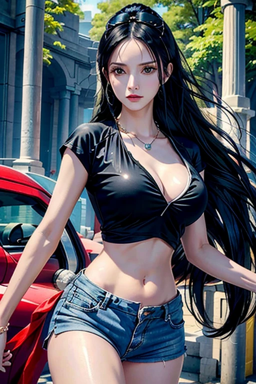 realistic, high resolution, soft light, 1 woman, alone, hips up, dynamic gesture, Glowing skin, decorations, tattoo, thigh,black hair,long hair,ear pendant,pearls and gems, Edobnico Robin, wear on the road, eyeware on head, t-shirt, shorts