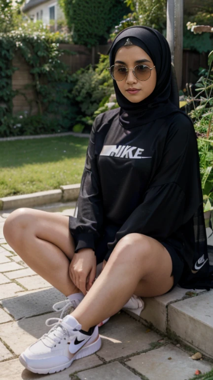 Hijab, girl, jogging, close up, armpit, wearing black unziped long sleeve sportwear, oiled body, leand on tree, worried face, looking at somewhere, hotday, side body, shirt lift, breast, side face