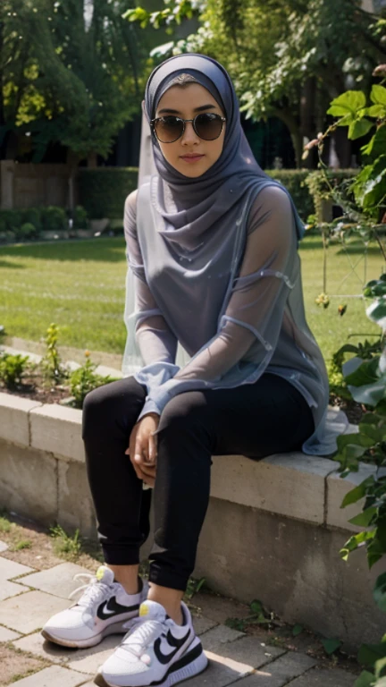 (best quality, highres:1.2), realistic, detailed, 18-year-old woman wearing a hijab and transparent black sunglasses on top of the hijab, sitting in a garden, wearing Nike shoes.